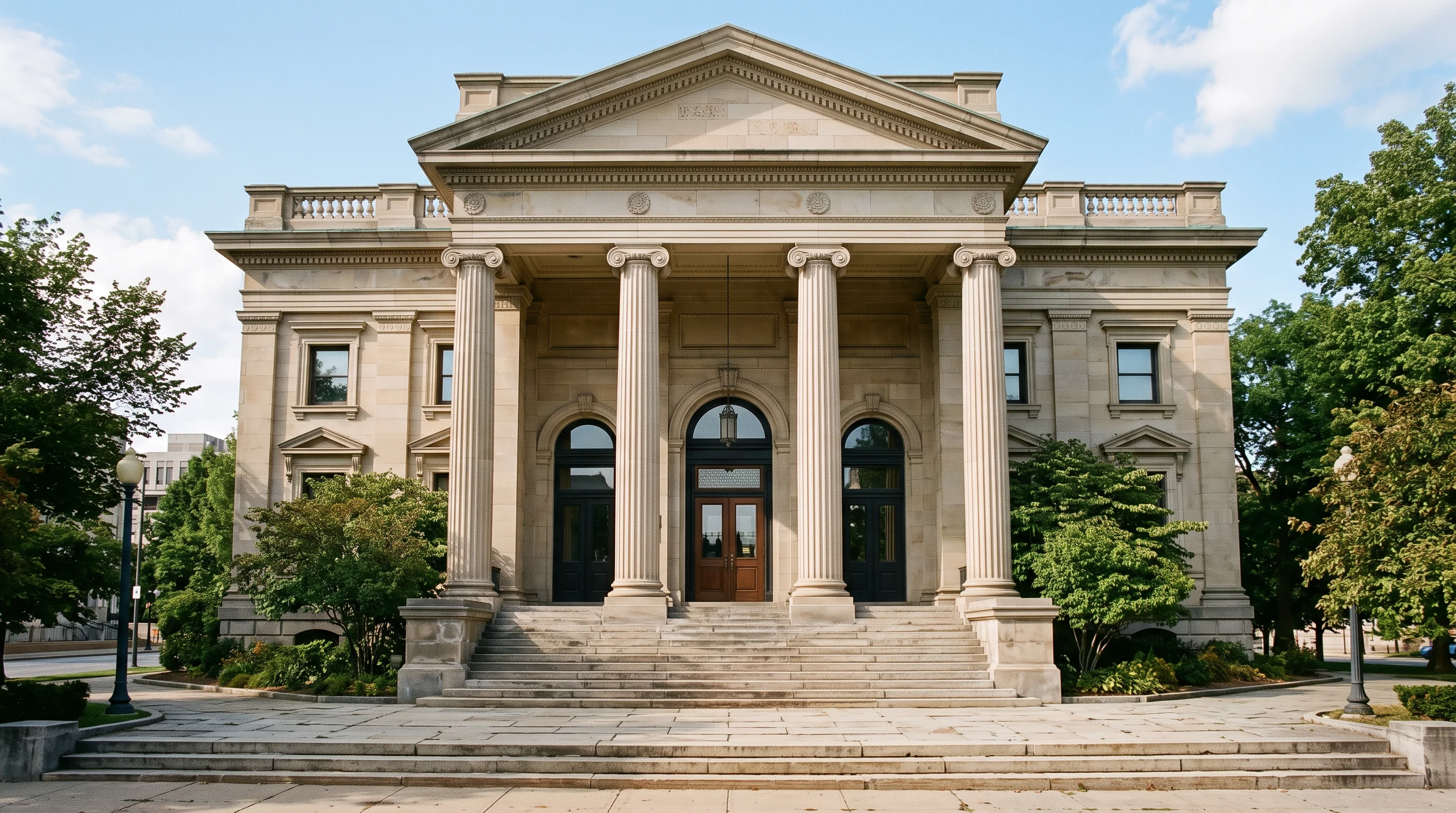 The columned entrance of a civic municipal building in warm daylight — the city as the answer's address