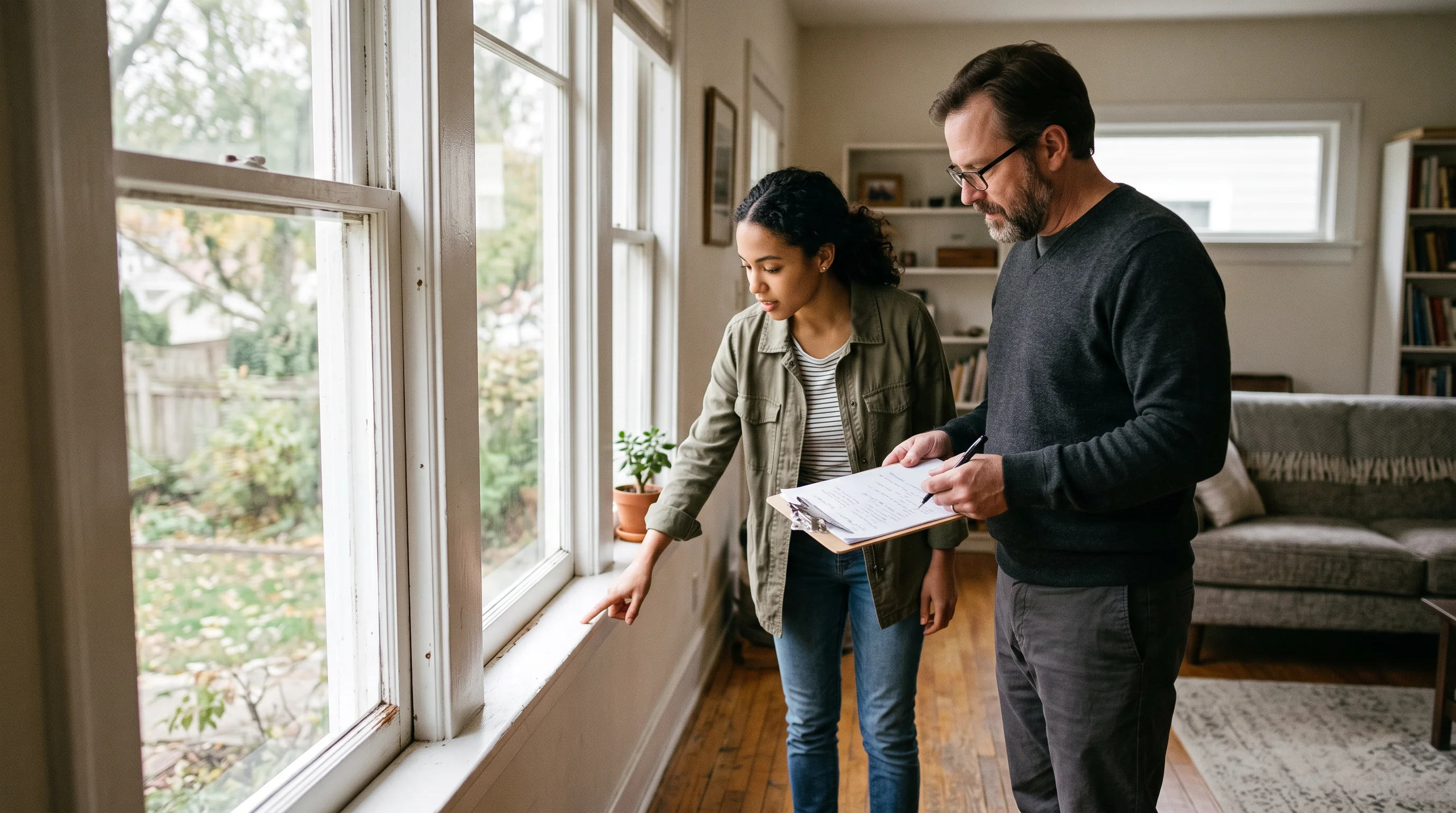 A landlord and tenant inspect a window together during a move-in inspection.