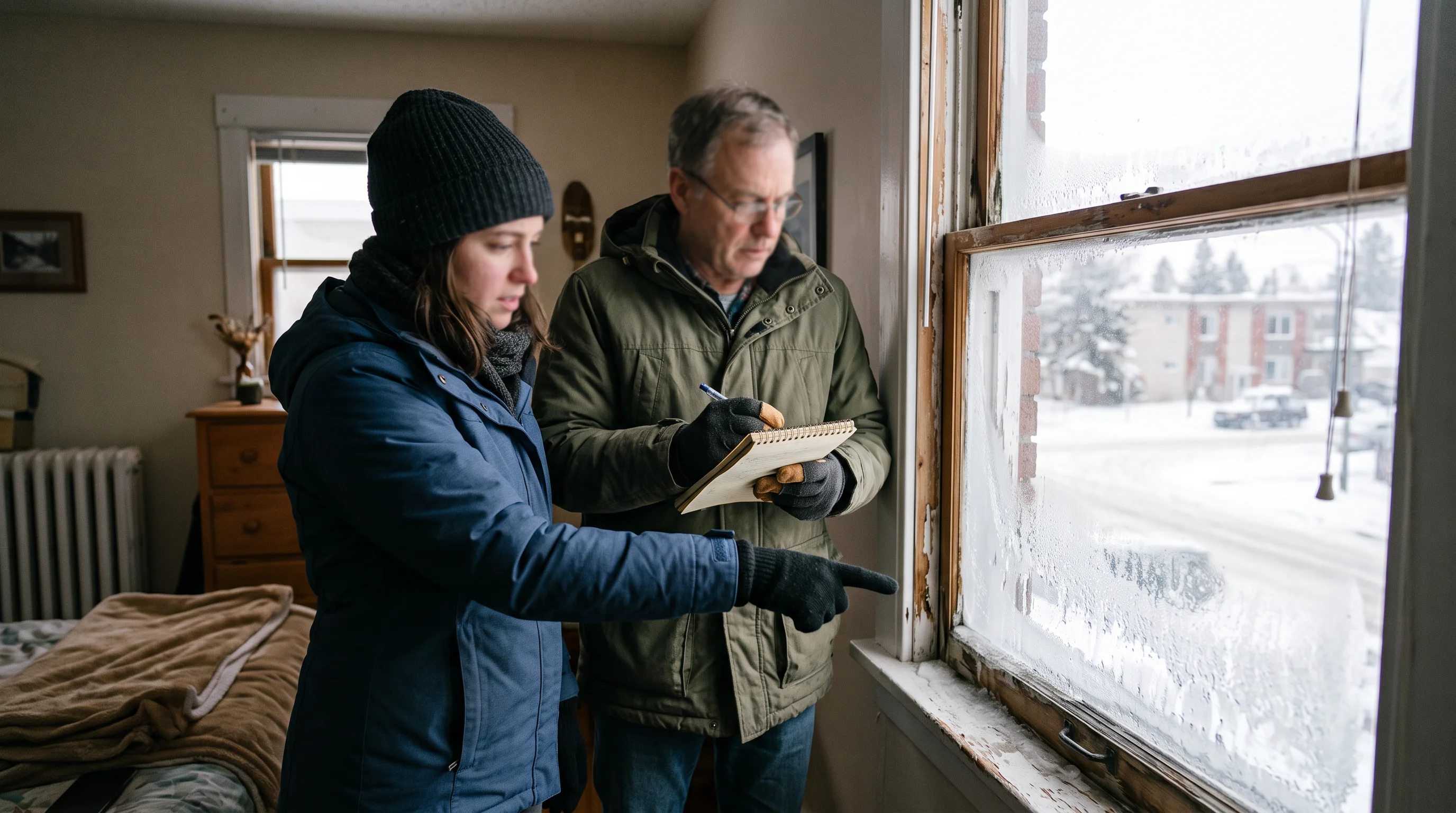 A tenant shows a landlord the frost on a bedroom window frame.
