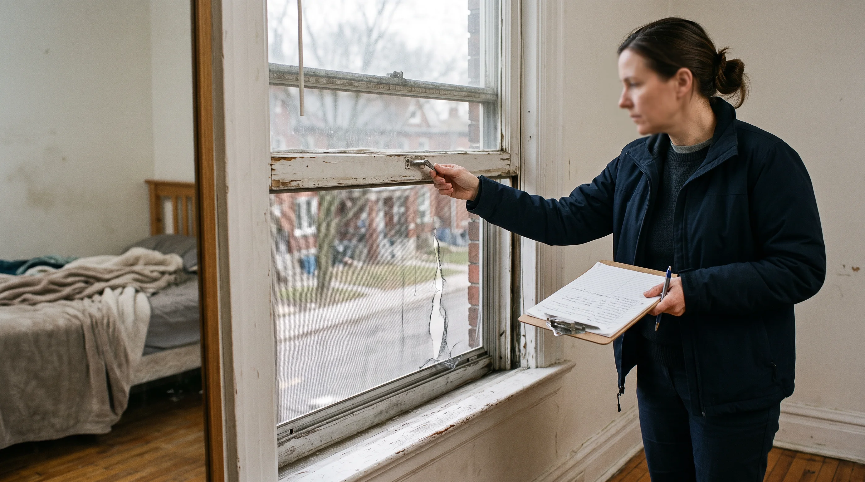 A property standards officer checks a bedroom window latch and torn screen in a rental.