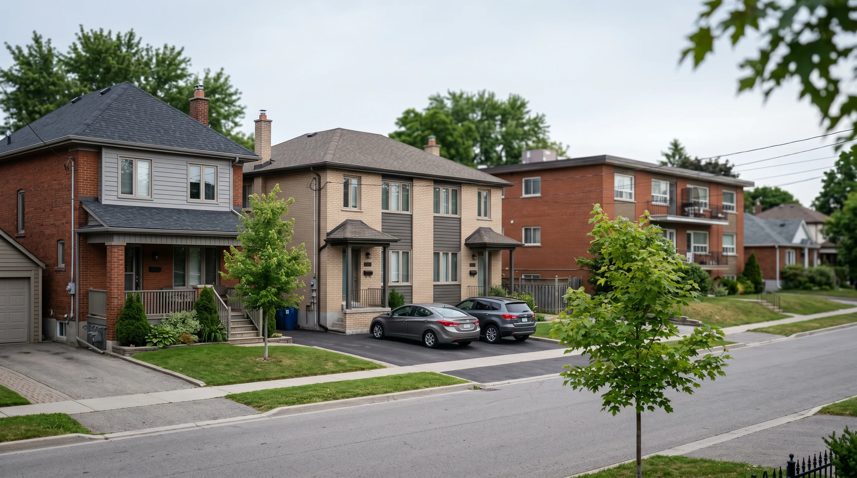 An Ontario residential street in calm even daylight showing housing-form variety: a detached house next to a semi/duplex with a small low-rise behind, brick and siding, driveways and young trees.
