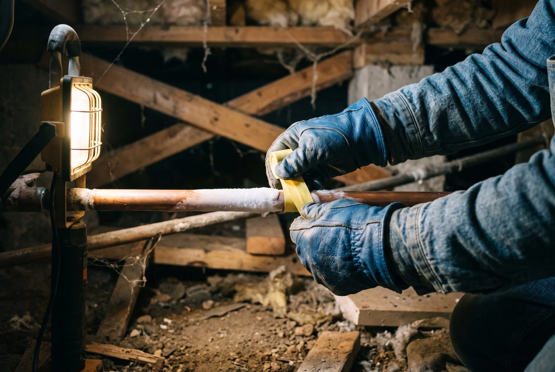 Gloved hands wrap a temporary repair around a frozen copper pipe in a crawlspace under a work light