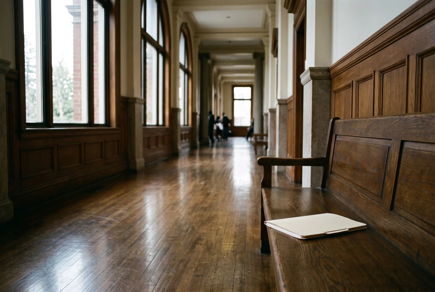 A wood-panelled courthouse corridor with a document folder resting on a bench