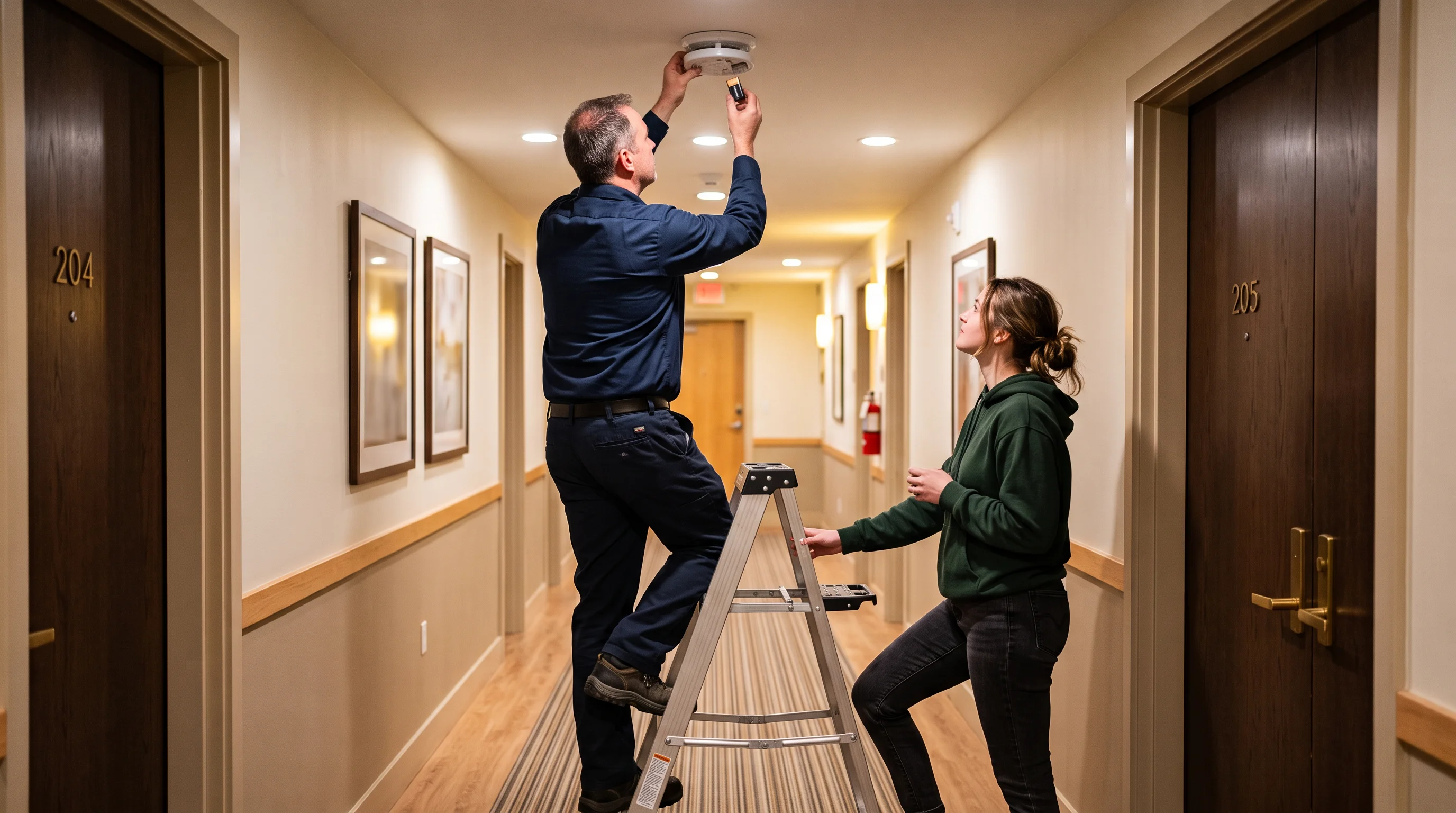 A landlord on a step ladder replaces the battery in a hallway smoke alarm while a tenant steadies the ladder