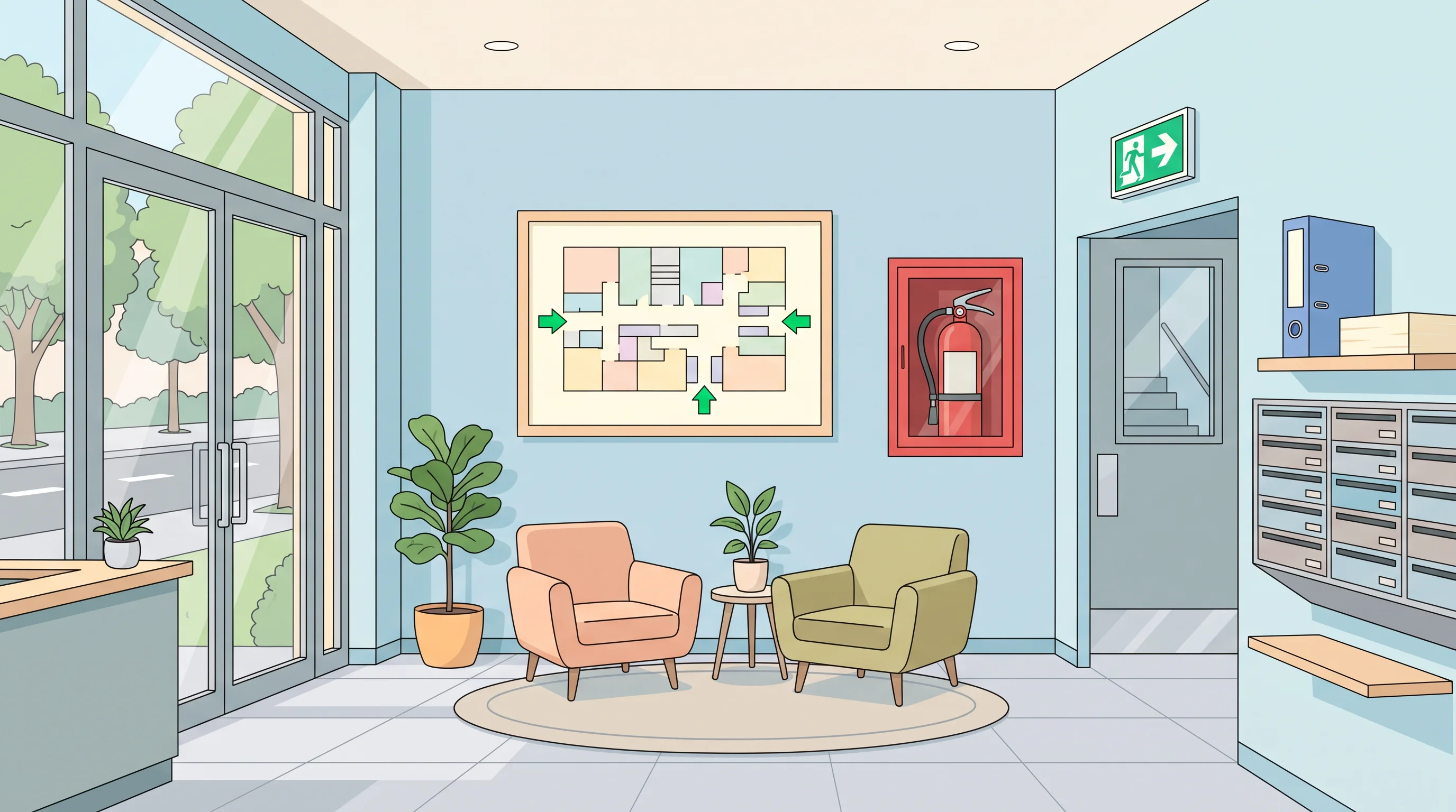 Illustration of an apartment lobby with a floor plan showing exit routes, a fire extinguisher cabinet, an exit sign and a binder by the mailboxes