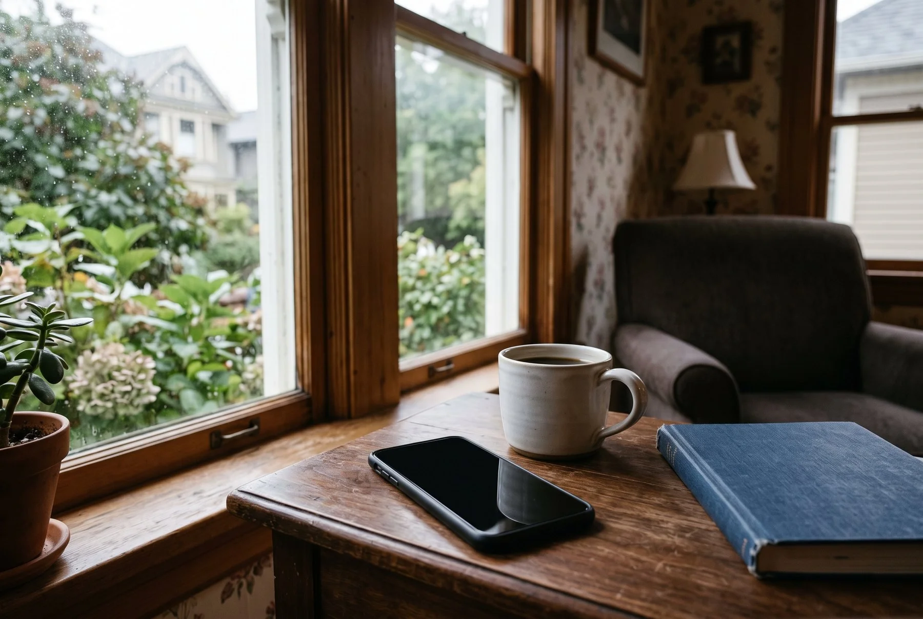 A phone with a dark screen beside a coffee mug and a blue notebook on a table in a Victoria heritage suite