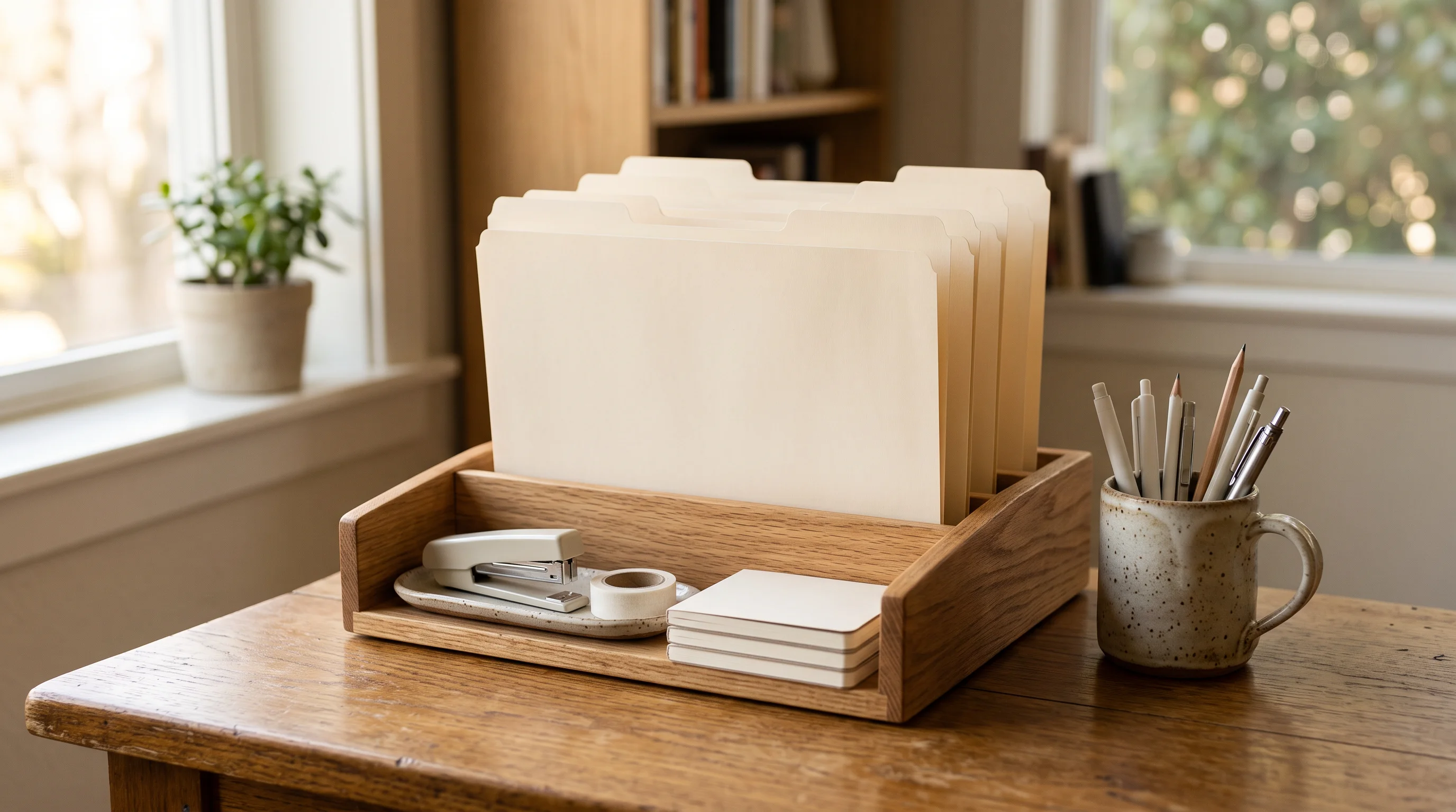 A small wooden desktop organizer holding plain unlabelled folders upright beside a cup of pens in soft afternoon light — the kit, filed