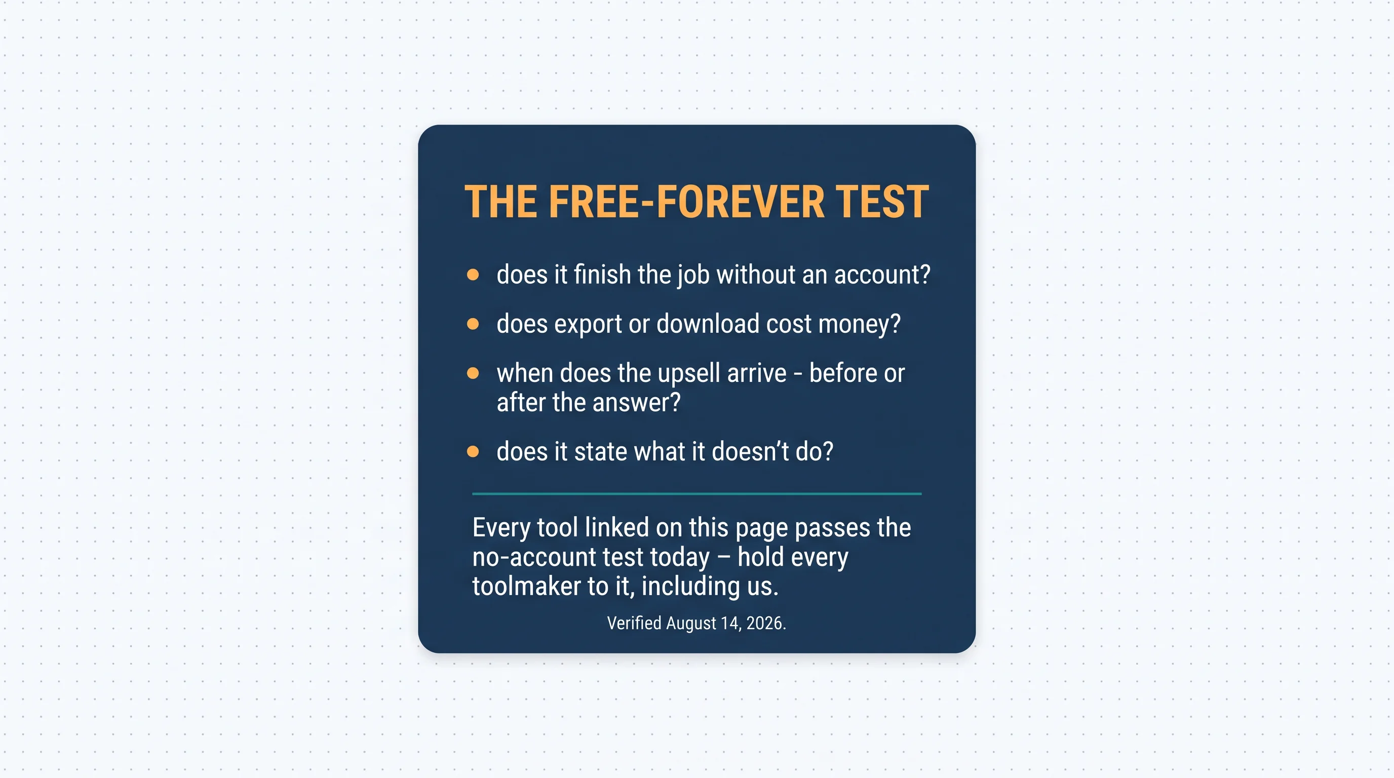 Flat vector editorial illustration on near-white (#F8FAFC) with faint dot-grid: a single clean navy (#1B3A5C) rounded card headed in amber (#F0A840) uppercase