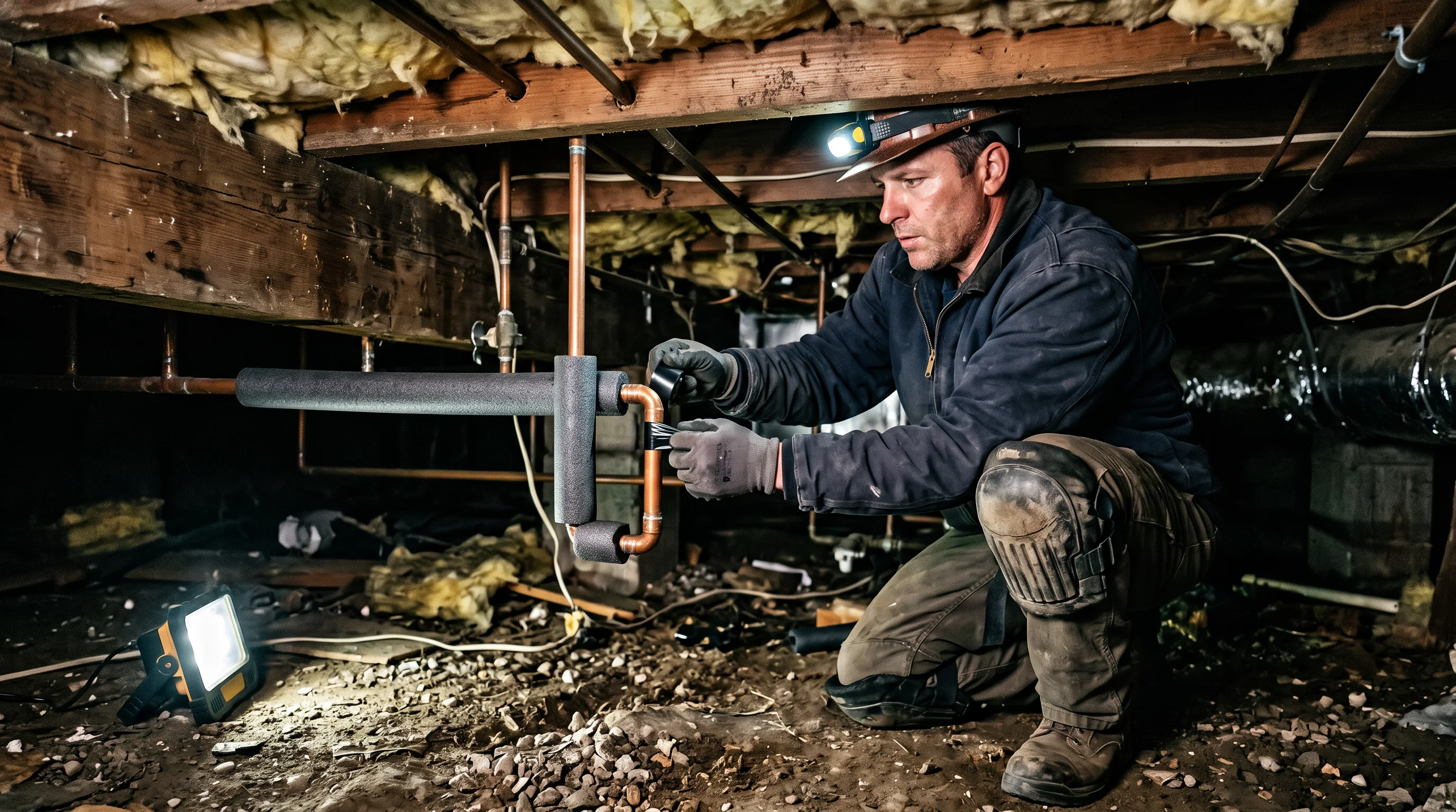 A plumber wraps foam insulation around exposed pipes in a crawl space.