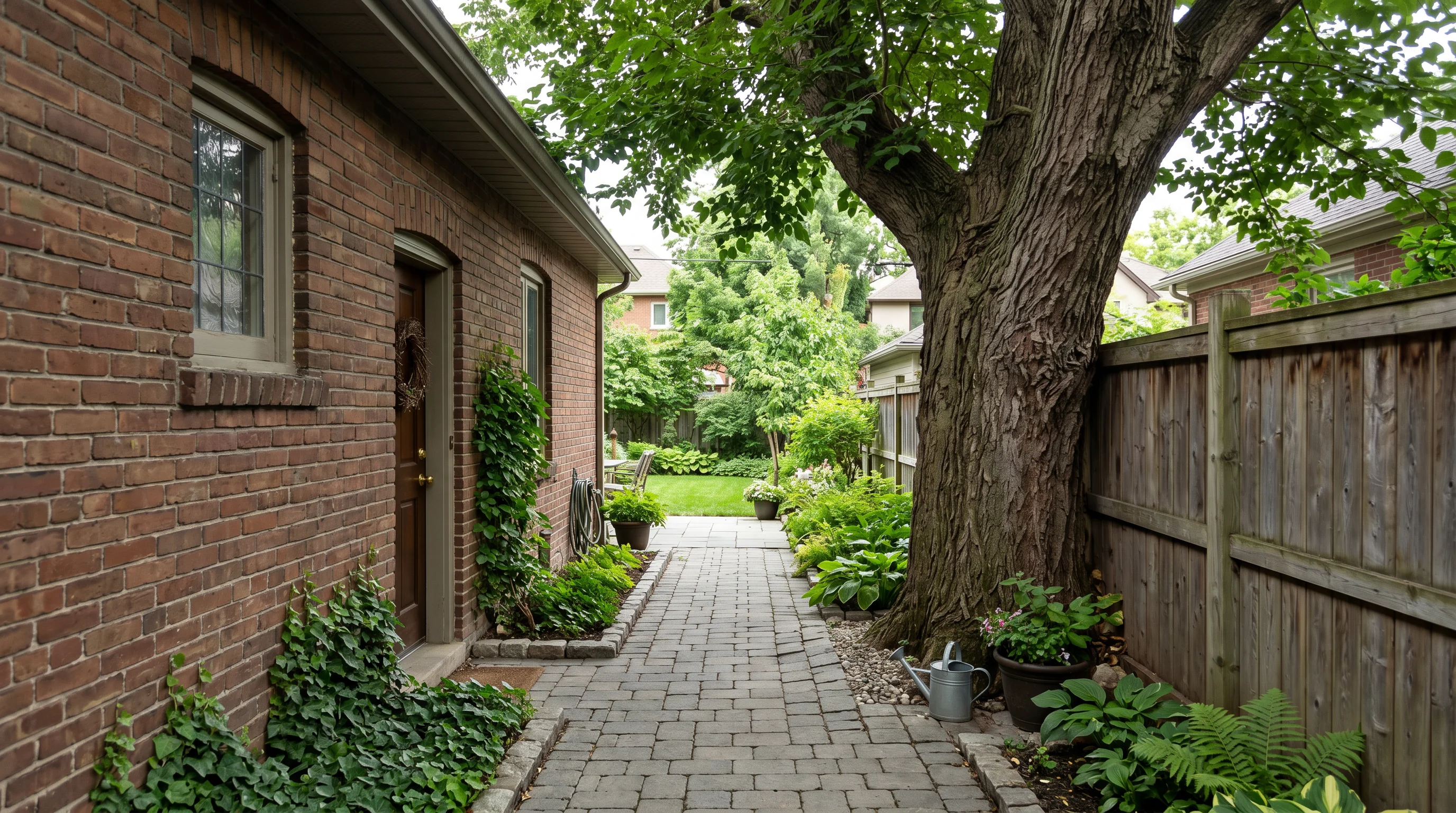 A narrow clear side passage between an older brick house and a wooden fence, running from the front of the lot toward a green rear yard, with a mature tree trunk and canopy pressing in close on one side and a tidy path underfoot, in calm even daylight.