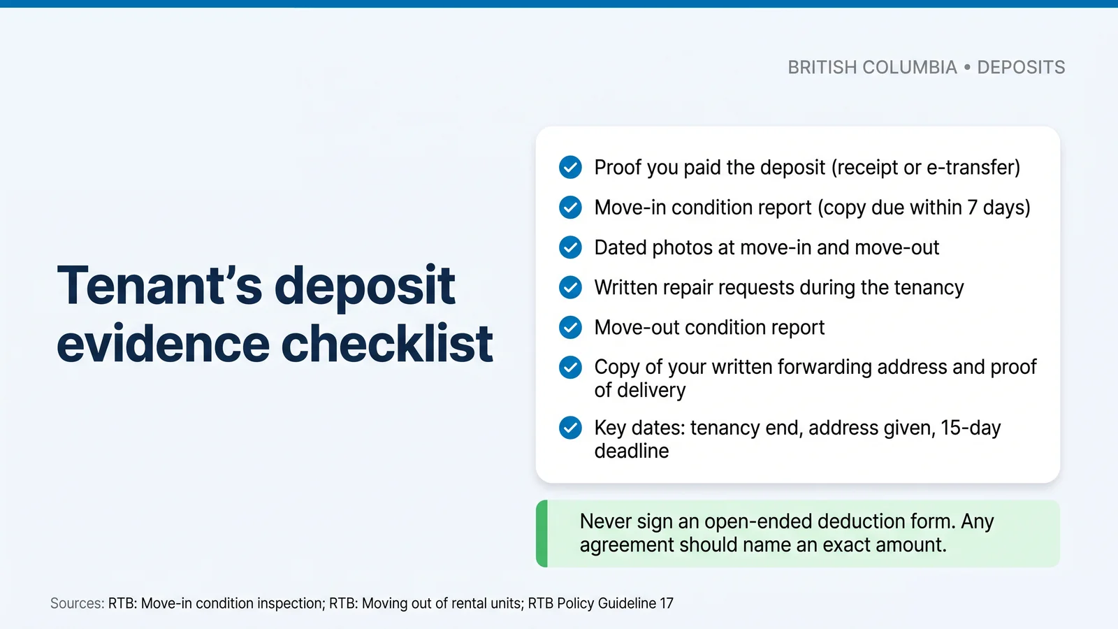 Tenant's deposit evidence checklist: proof of payment, move-in report, dated photos, written repair requests, move-out report, forwarding address proof and key dates