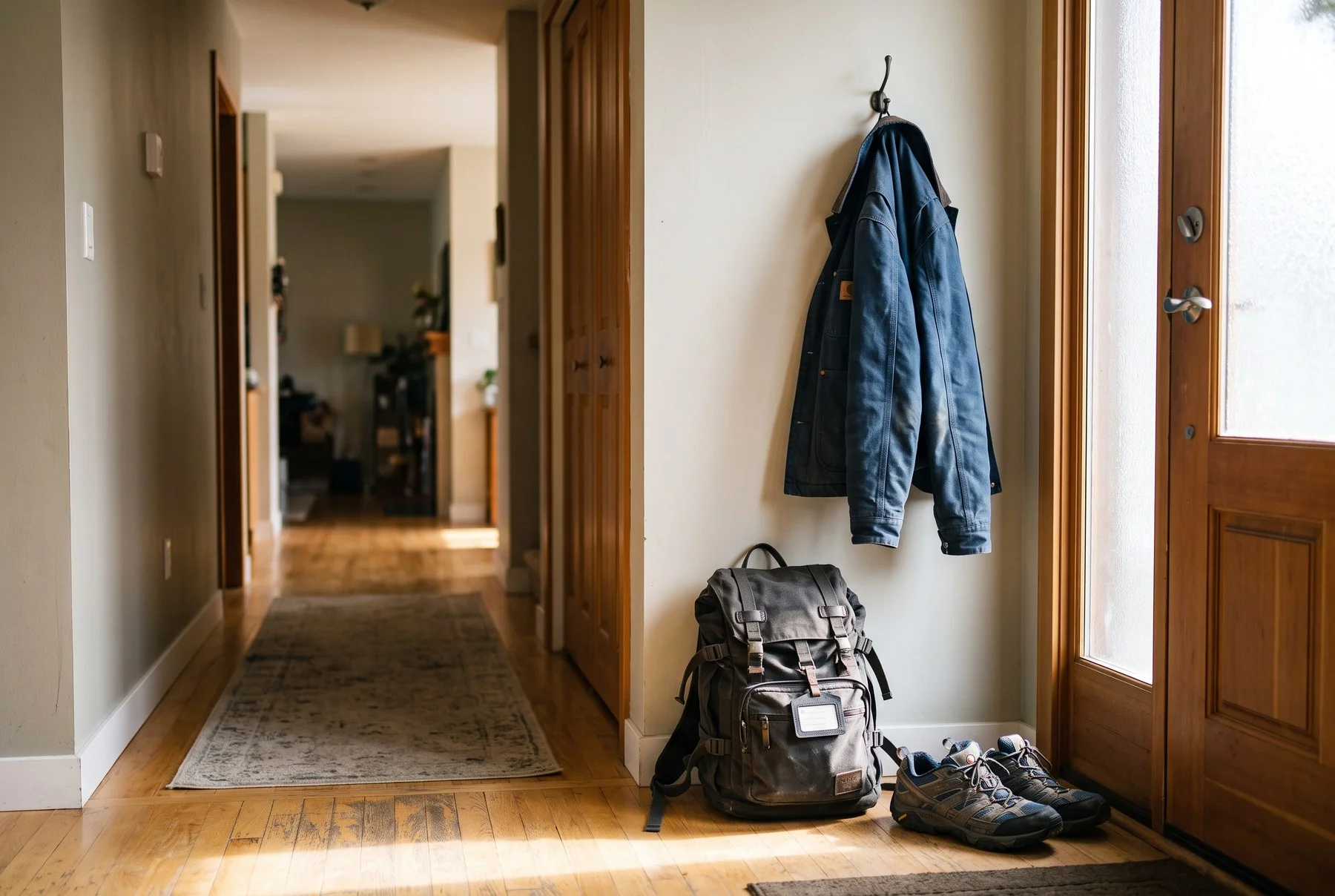 Hallway with a jacket on a hook, a backpack and shoes by the door