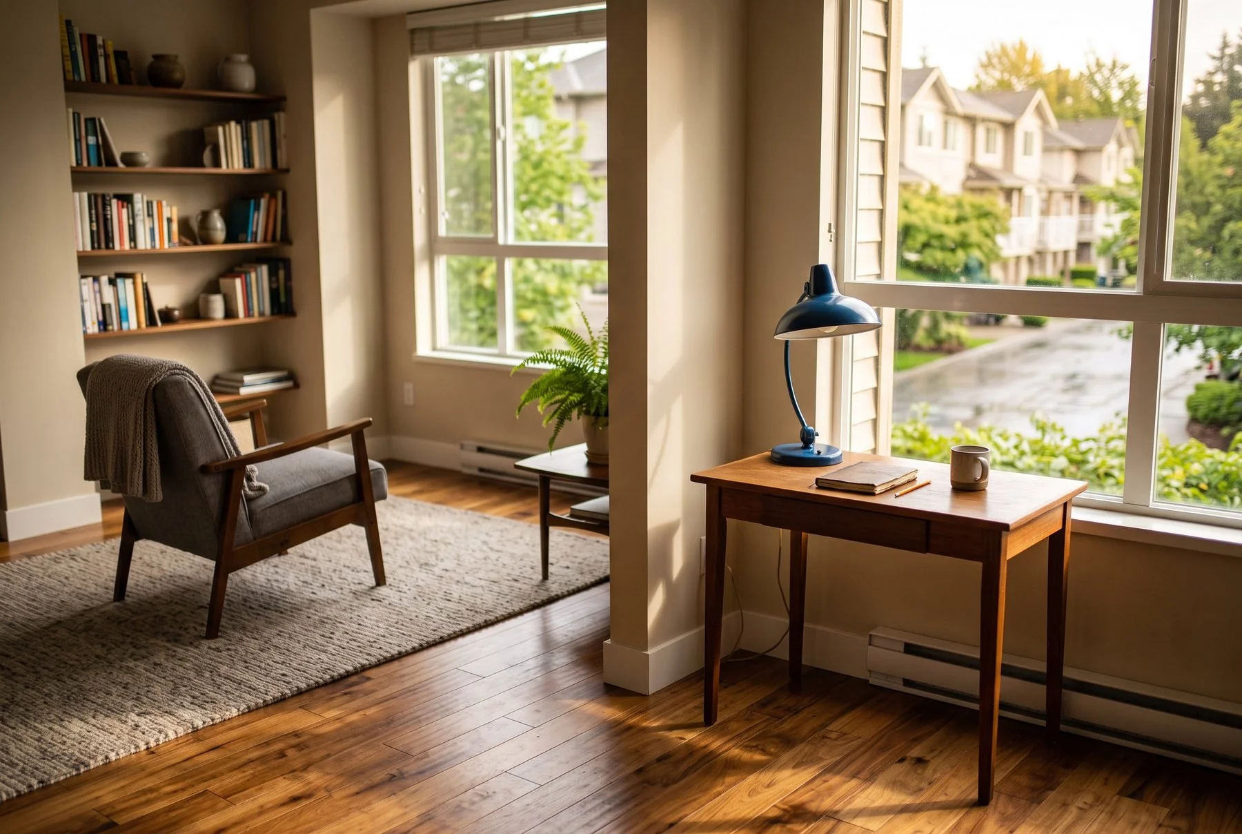 A calm apartment living room in a Surrey townhouse, late afternoon sun across a wood floor