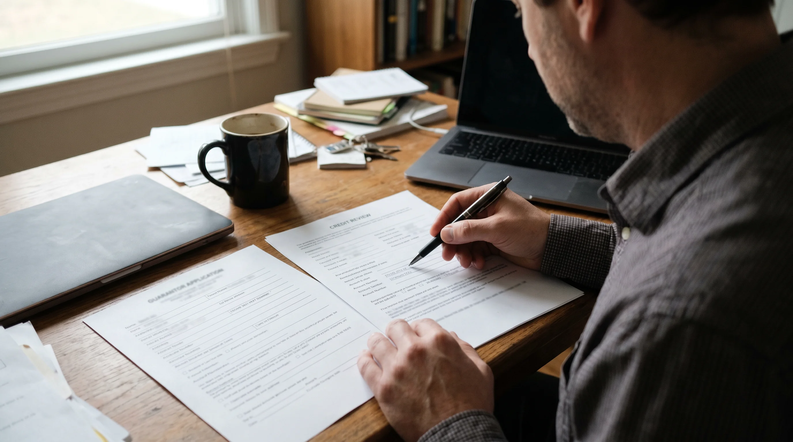 A landlord reviewing a guarantor's application and credit documents at a desk, with printed pages, a pen, and a laptop nearby.