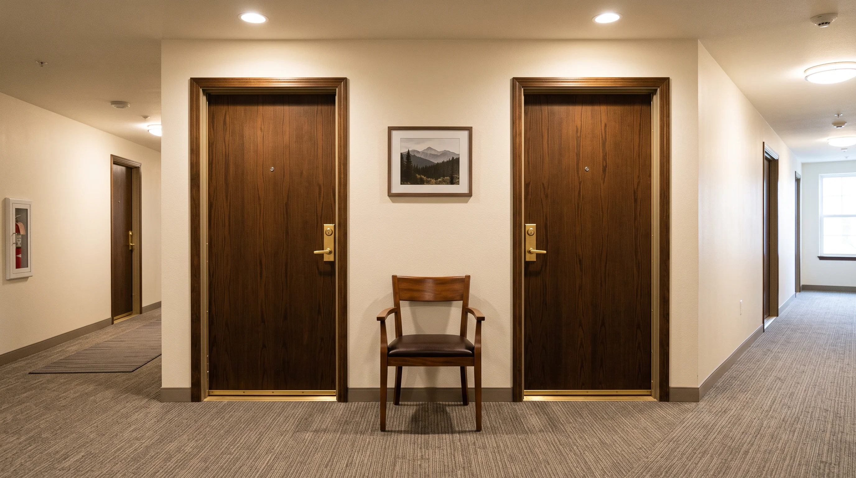 Two apartment doors facing each other across a clean, well-lit corridor, equal light on each — the landlord's seat in a neighbour complaint is the hallway between them