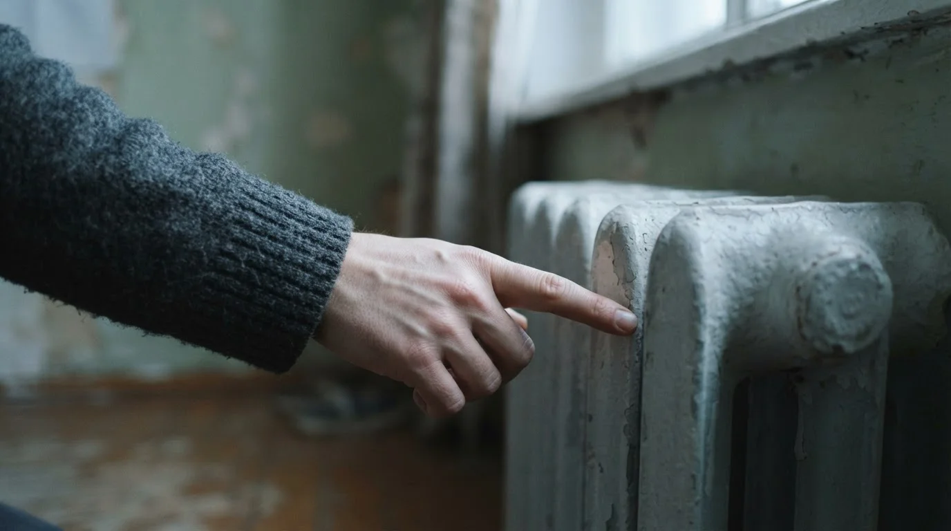 A candid documentary-style photo — no text, no logo. Shot on a Canon EOS R6 35mm f/1.8: a person's hand holding a small thermometer or touching a cool radiator in a dim apartment, someone wearing a sweater indoors in winter light, checking whether the unit is warm enough. Framed on the hand/thermometer/radiator only — no face, no readable display. Authentic textures, subtle grain, shallow depth of field, true-to-life muted colour, non-white background. No readable text or personal data anywhere. 16:9.