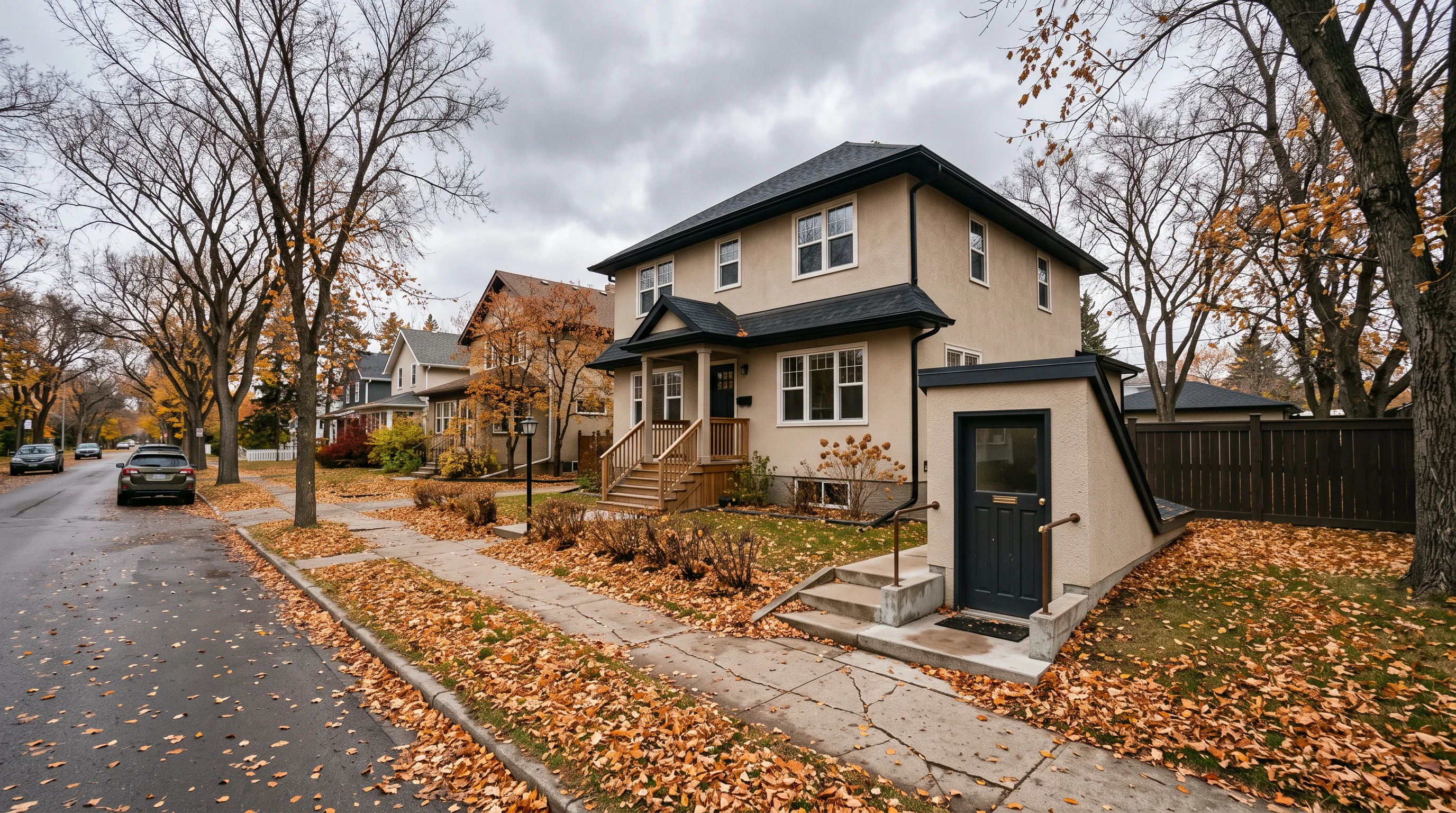 A two-storey house with a separate side entrance to a basement suite on an autumn street, the kind of building Henry's Law covers