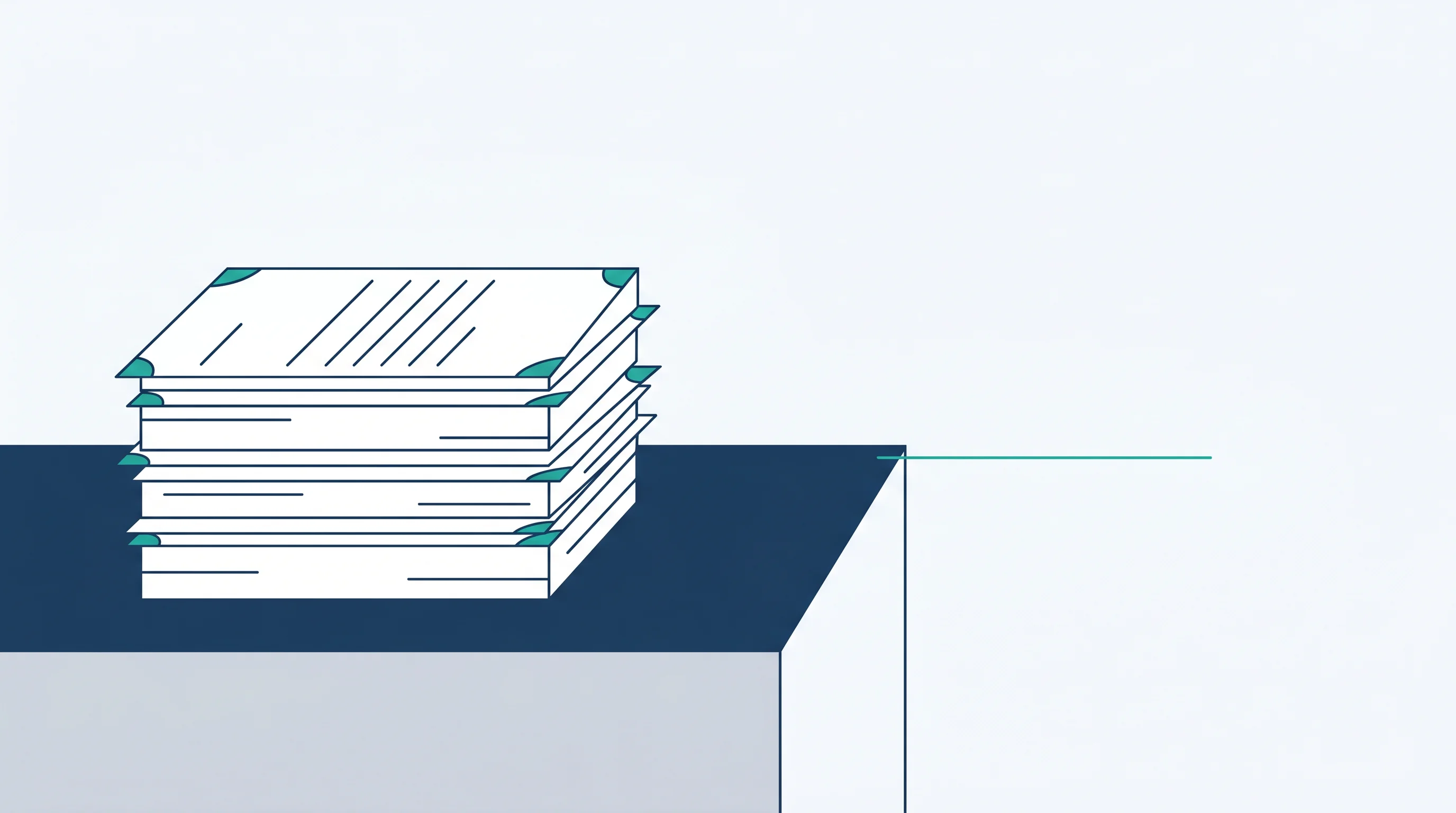 Flat editorial illustration: a tidy stack of wordless form shapes on a solid platform that ends at a clean edge, with nothing beyond it — the process exists here, and here it simply stops
