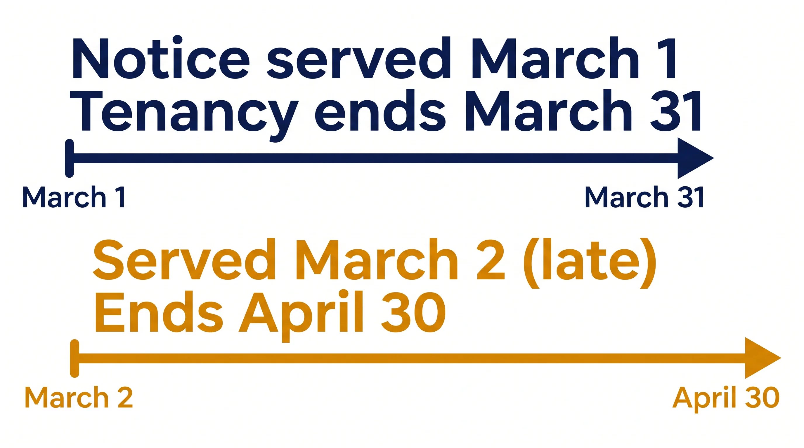 Timeline: a monthly notice served March 1 ends the tenancy March 31; served March 2 it ends April 30