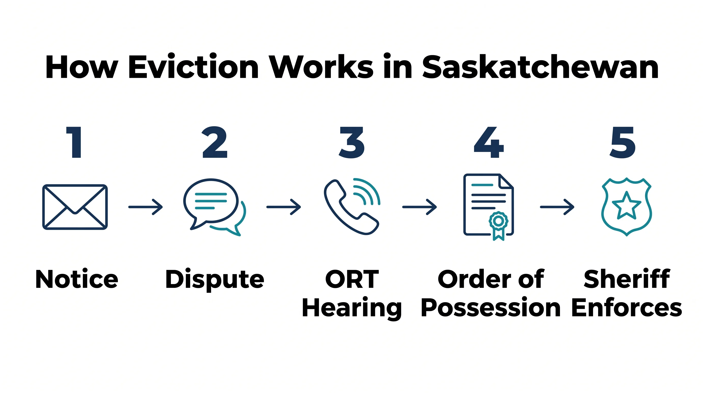 Five-step flow titled How Eviction Works in Saskatchewan: 1 Notice, 2 Dispute, 3 ORT Hearing, 4 Order of Possession, 5 Sheriff Enforces