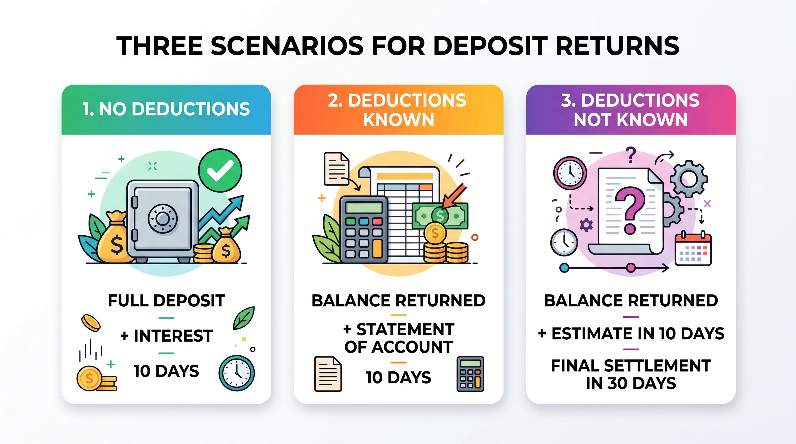 Three ways an Alberta landlord returns a deposit: full deposit in 10 days, balance and statement in 10 days, or an estimate in 10 days and a final statement in 30