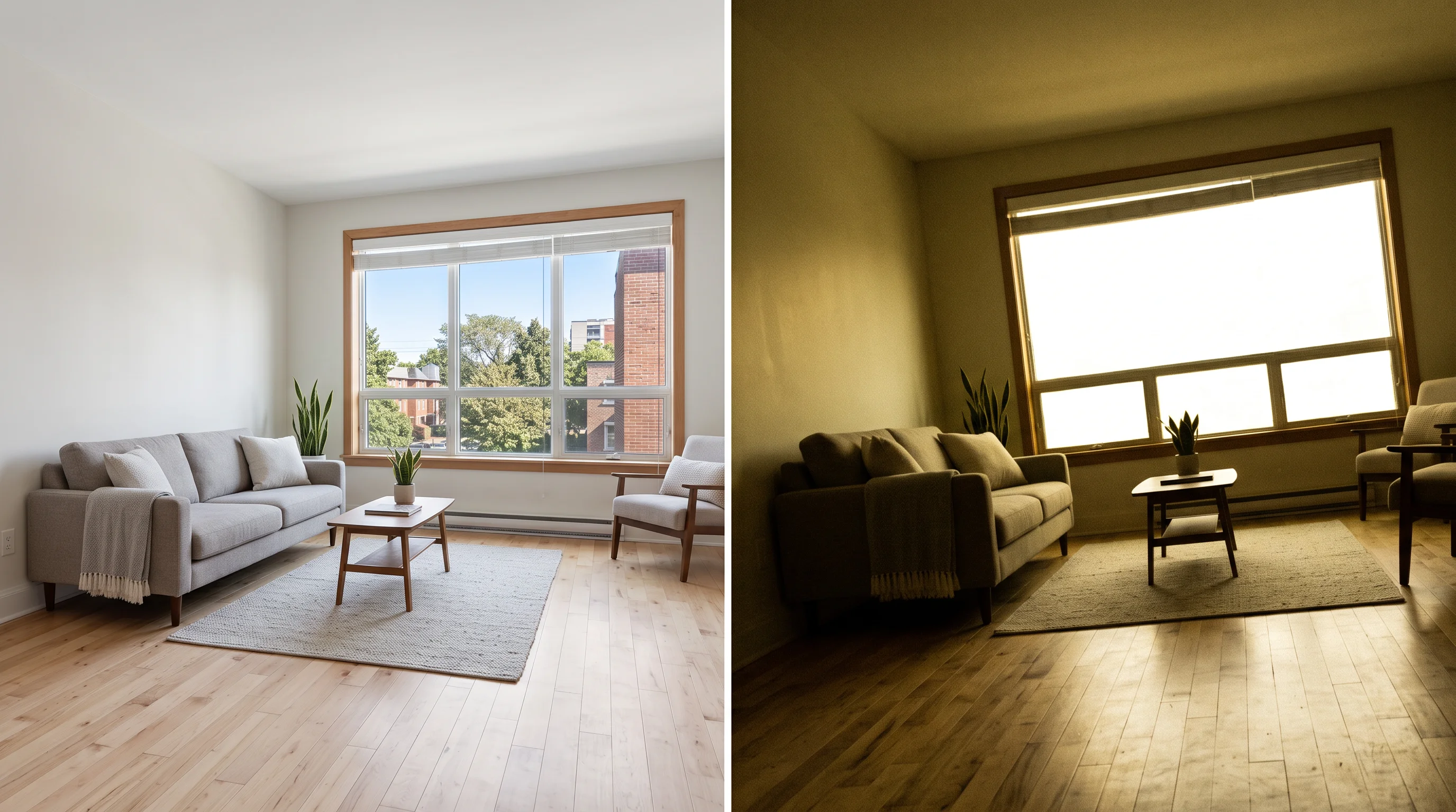 Side-by-side comparison of the same empty Ontario apartment living room, the left panel shot in bright even professional daylight and the right panel in dim yellow poorly framed lighting.
