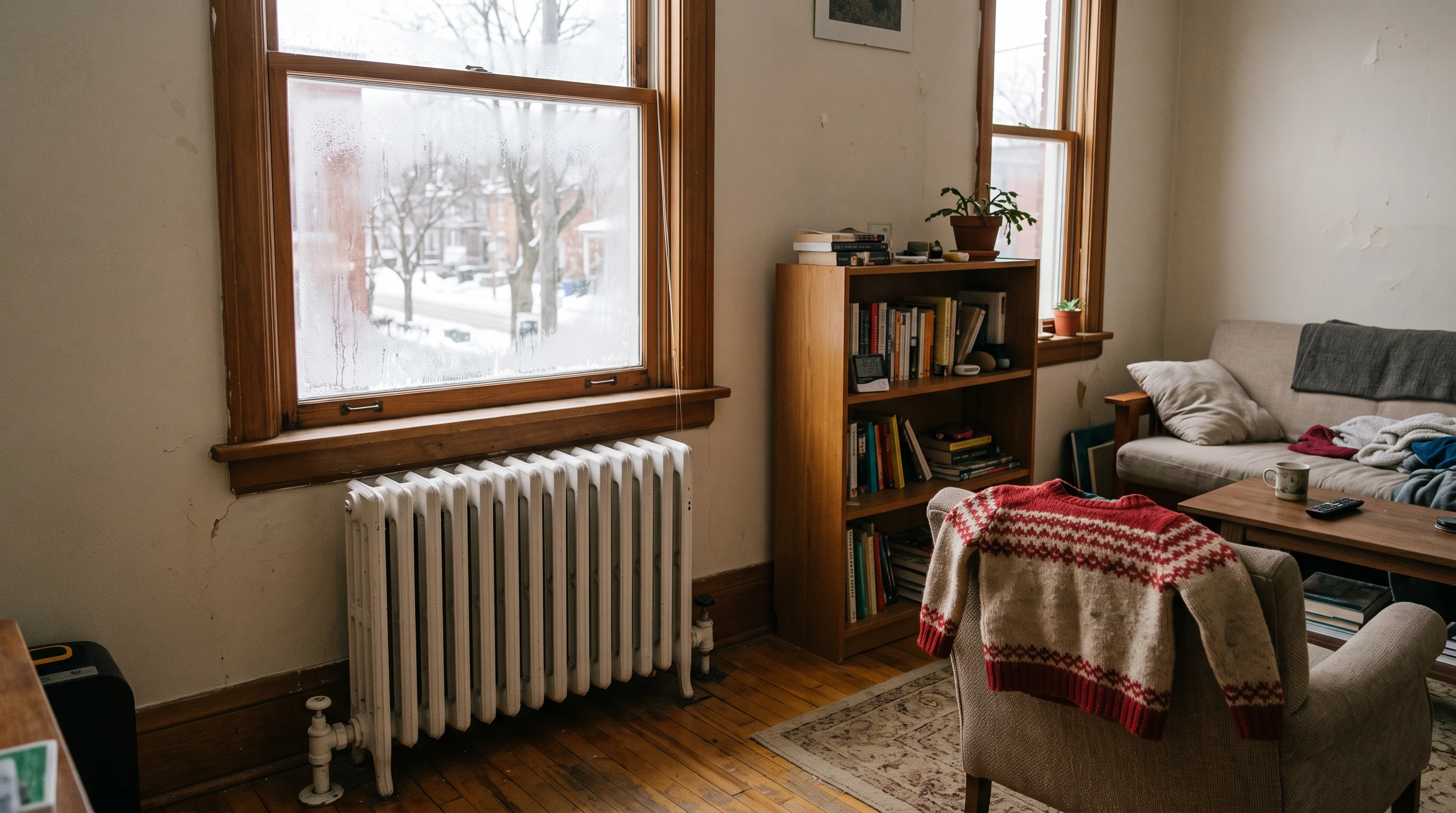 An apartment living room in winter with a radiator under the window and a thermometer on a shelf.