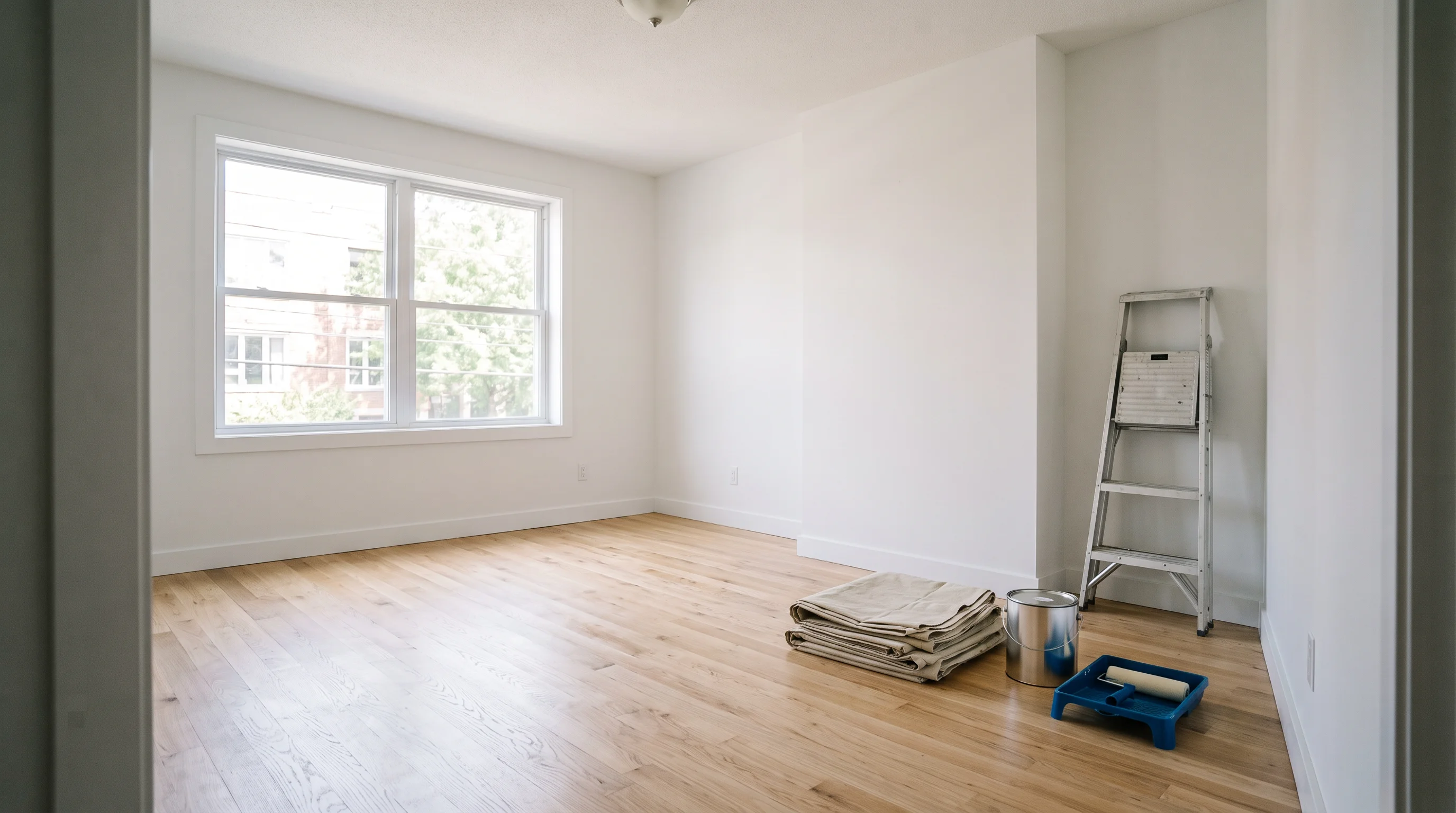 Interior of an empty rental unit prepared for make-ready work, with a folded drop sheet, closed paint tin and folded stepladder arranged tidily.