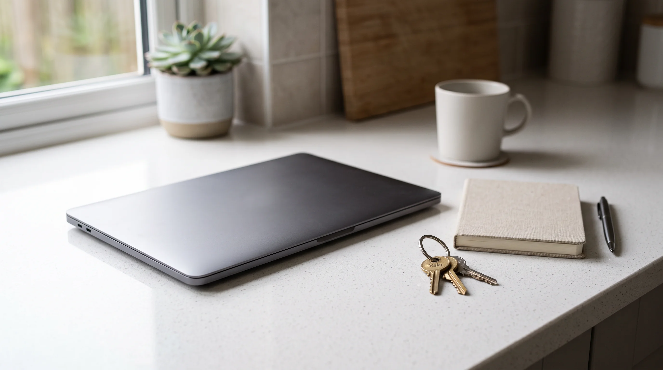 A closed laptop on a clean kitchen counter beside a set of house keys on a plain ring and a blank notebook — launch morning, calm and ready