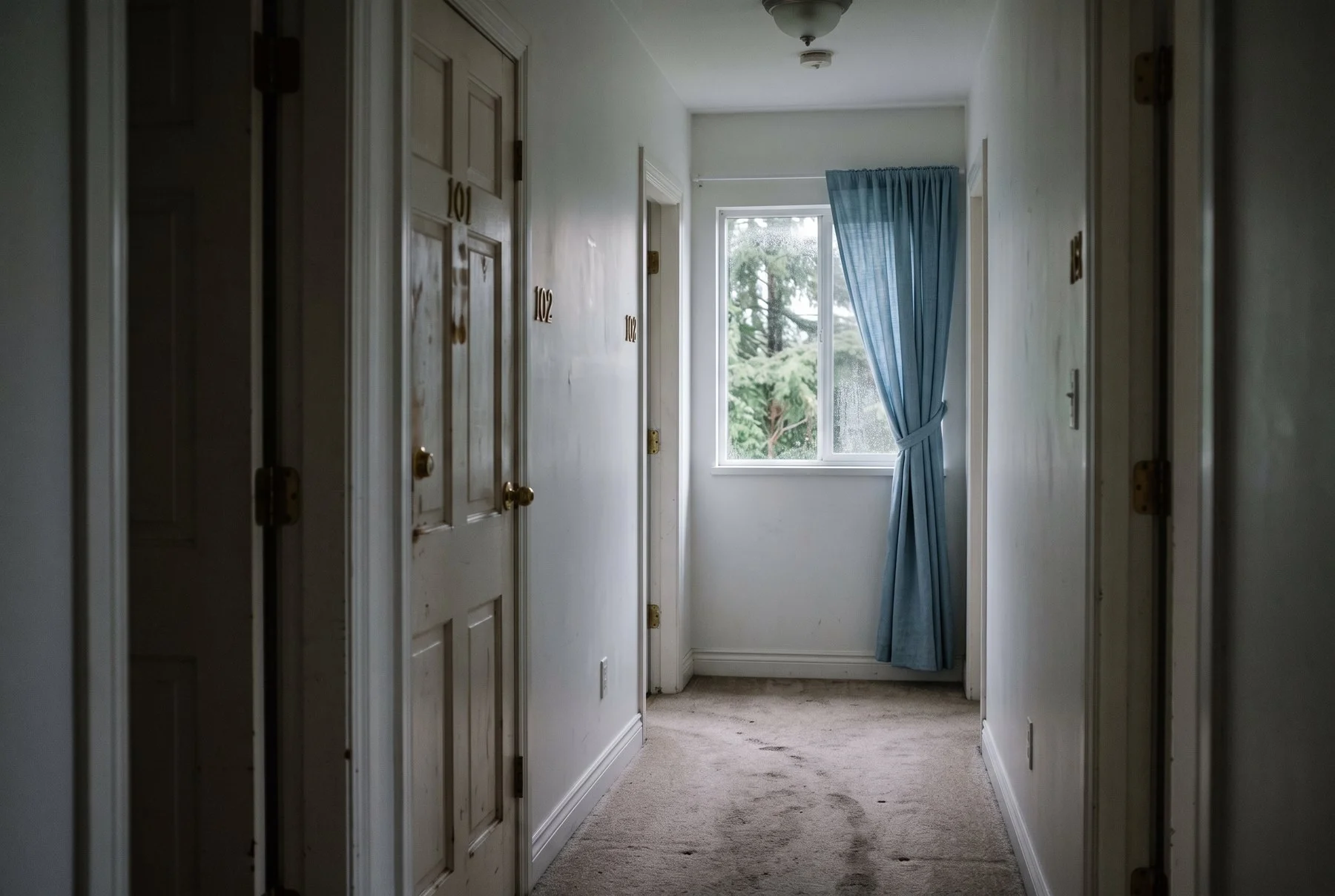 A quiet hallway with suite doors in a North Vancouver house with a basement suite