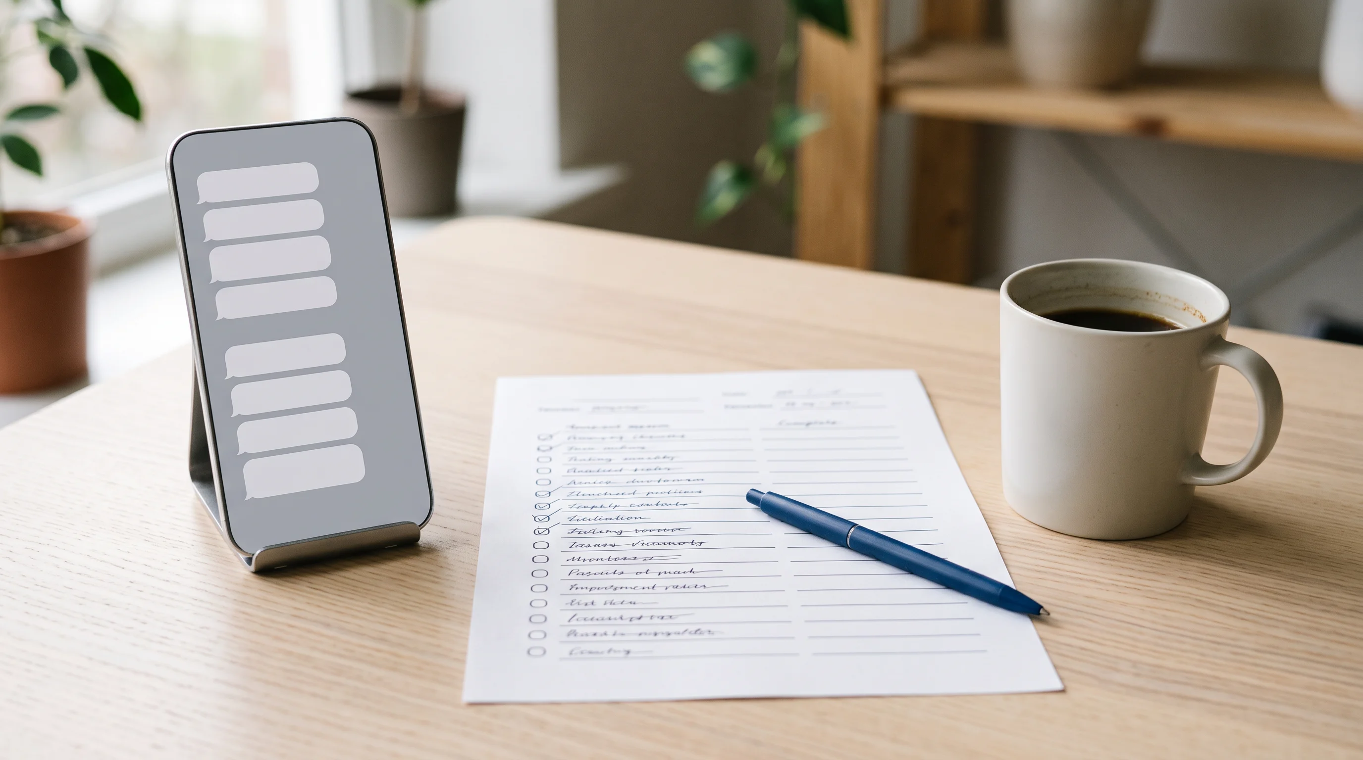 Desk scene with a propped smartphone showing a queue of blank message bubbles beside a printed checklist, conveying methodical work through a queue.
