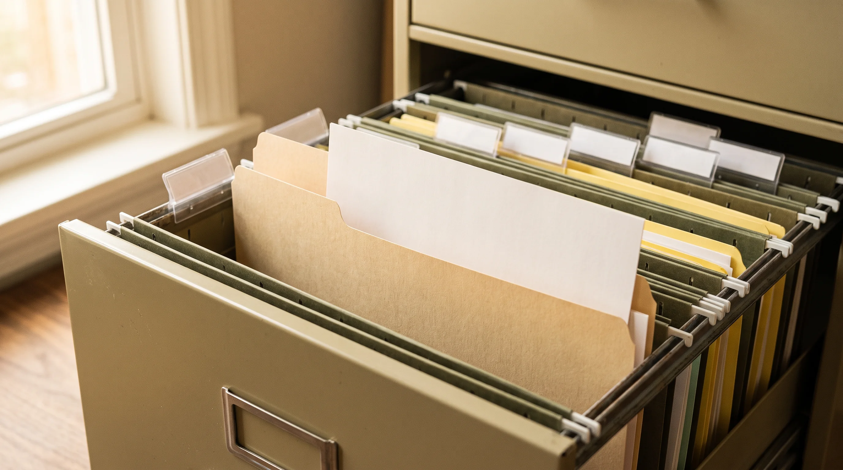 A document sliding into a clean manila folder inside an open filing drawer, tabs blank, warm side light — the file, closed properly