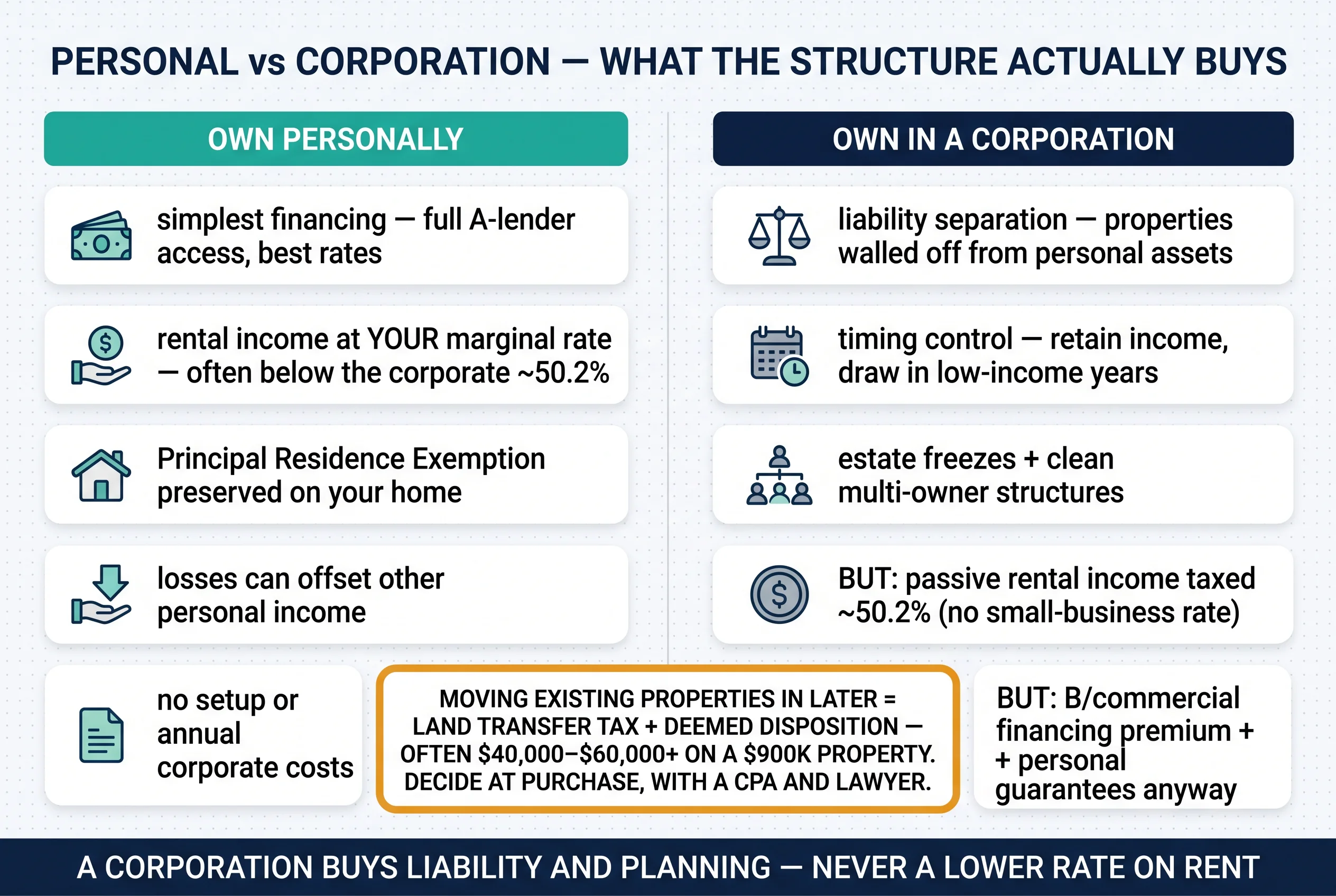 Personal vs corporation: what the structure actually buys — and the land transfer tax plus deemed disposition cost of moving properties in later
