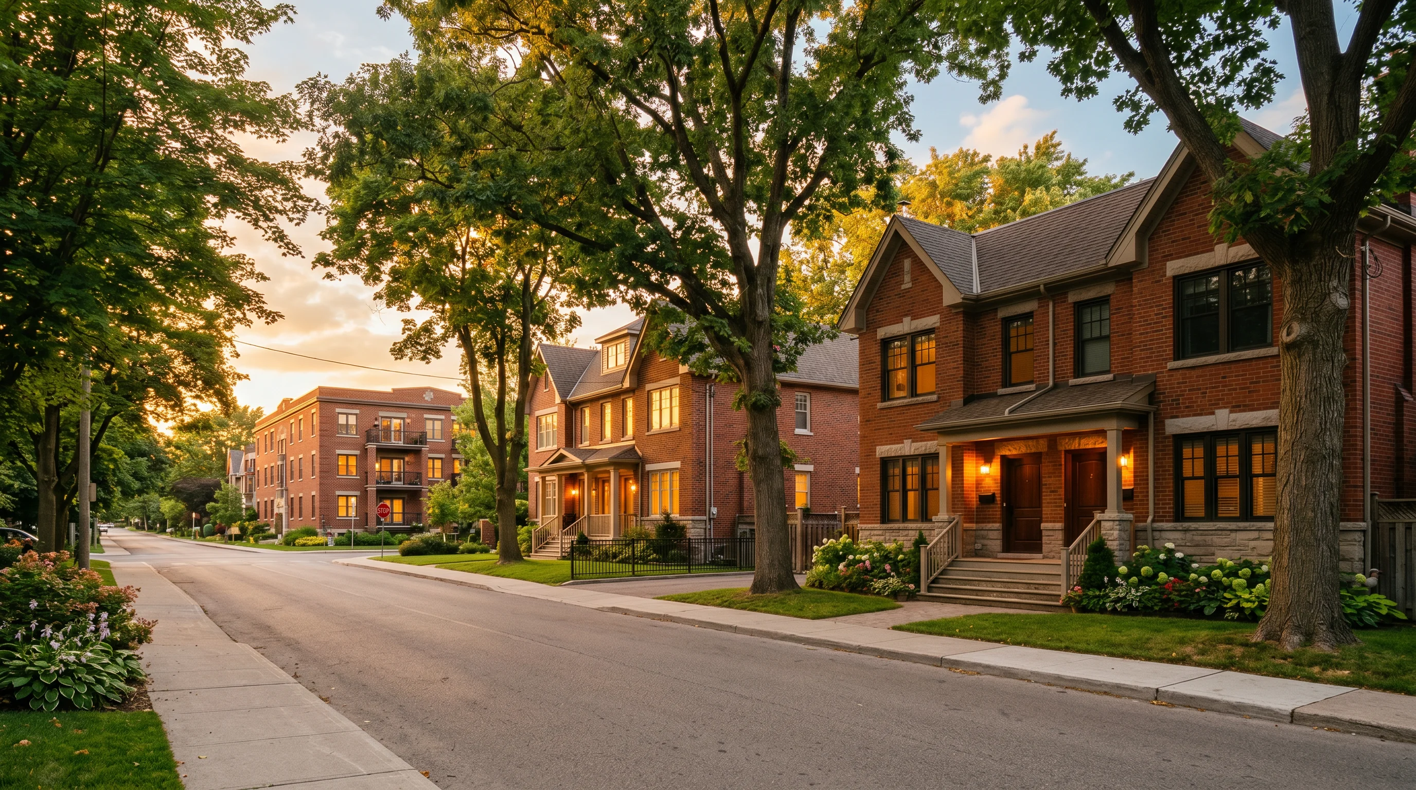 The climb made visible as architecture: a duplex, a triplex, and a small walk-up on one well-kept Ontario street at dusk