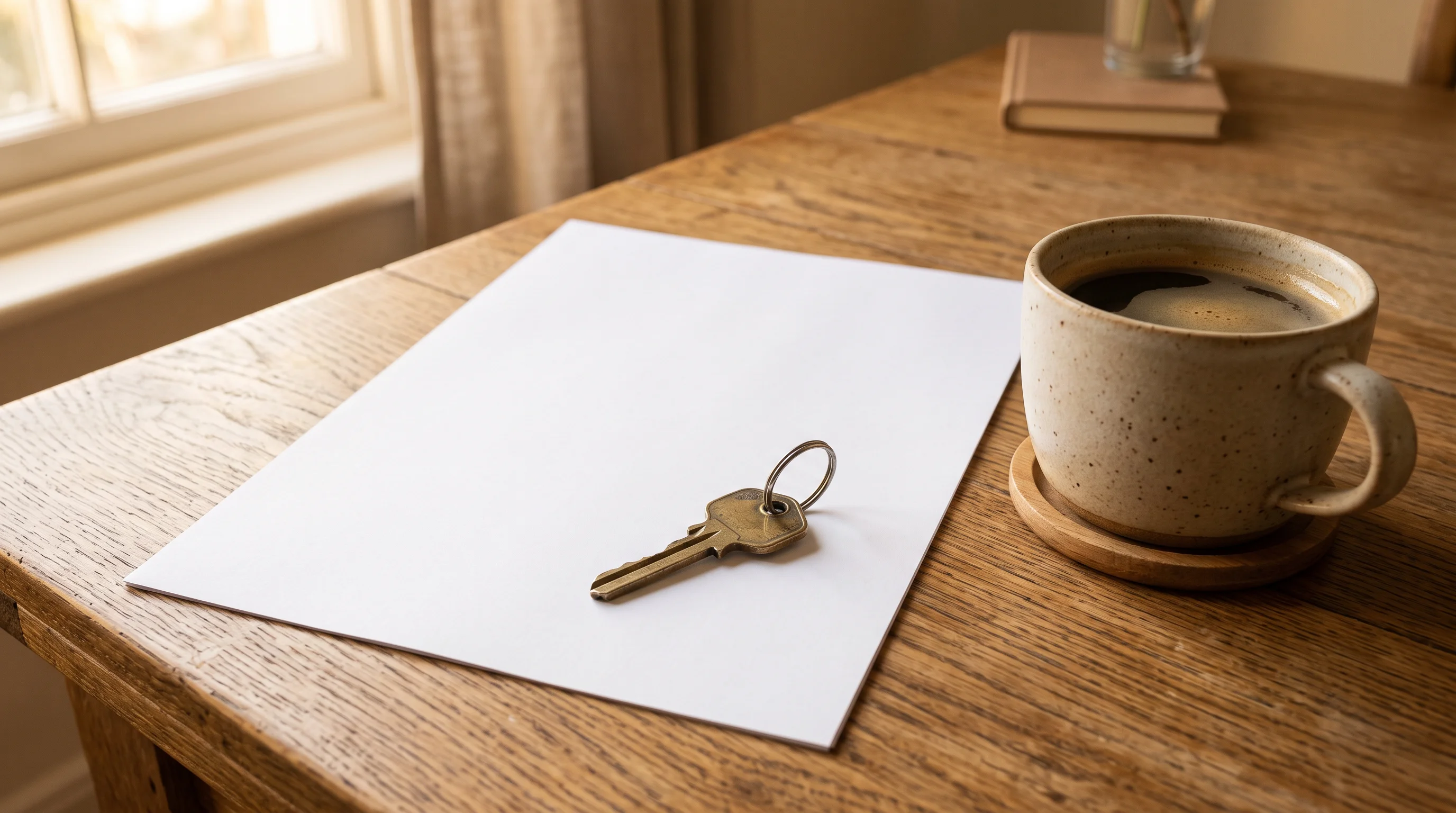 A single house key resting on a blank white document beside a cup of coffee on a warm wooden table in soft golden light — the outcome, at rest
