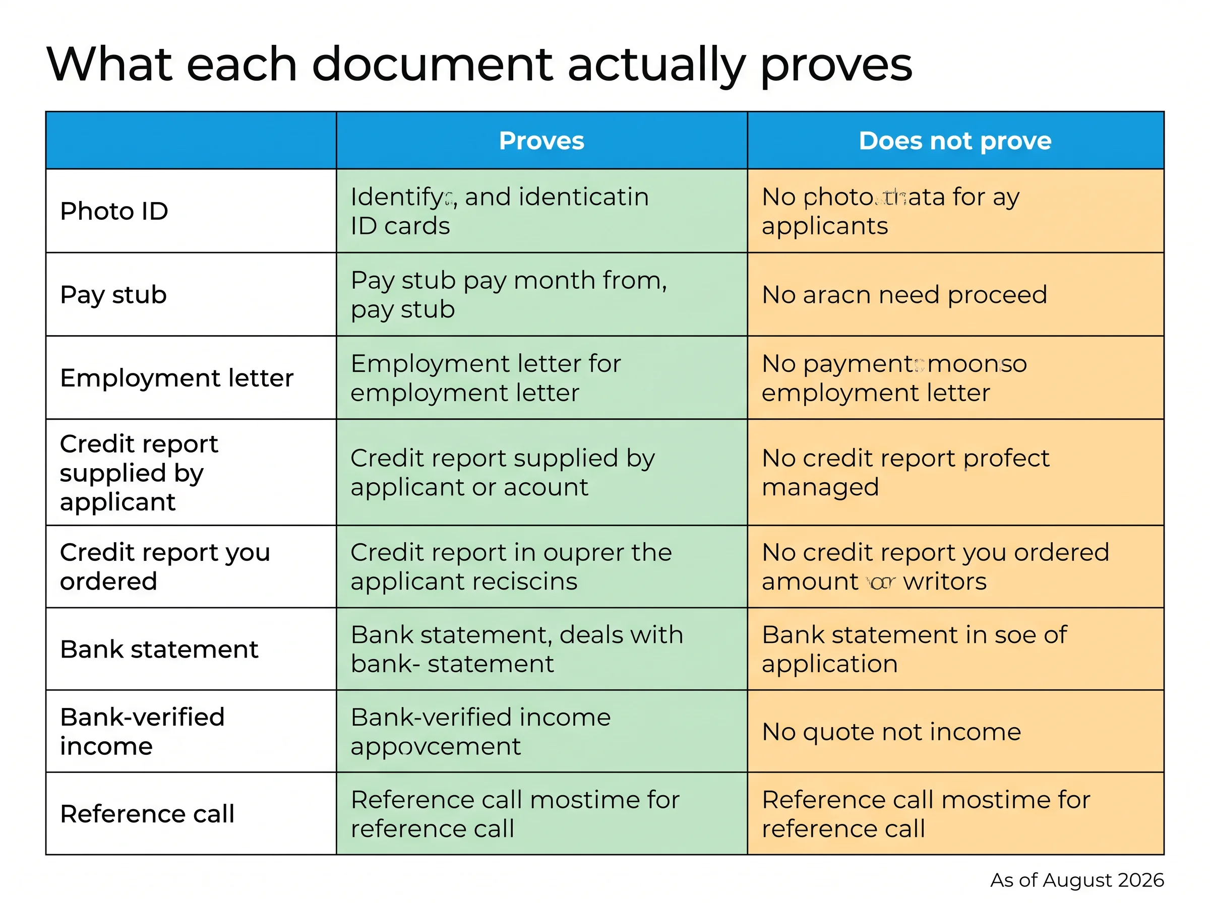 Two-column reference table titled What each document actually proves, comparing what eight common application documents prove against what they do not.
