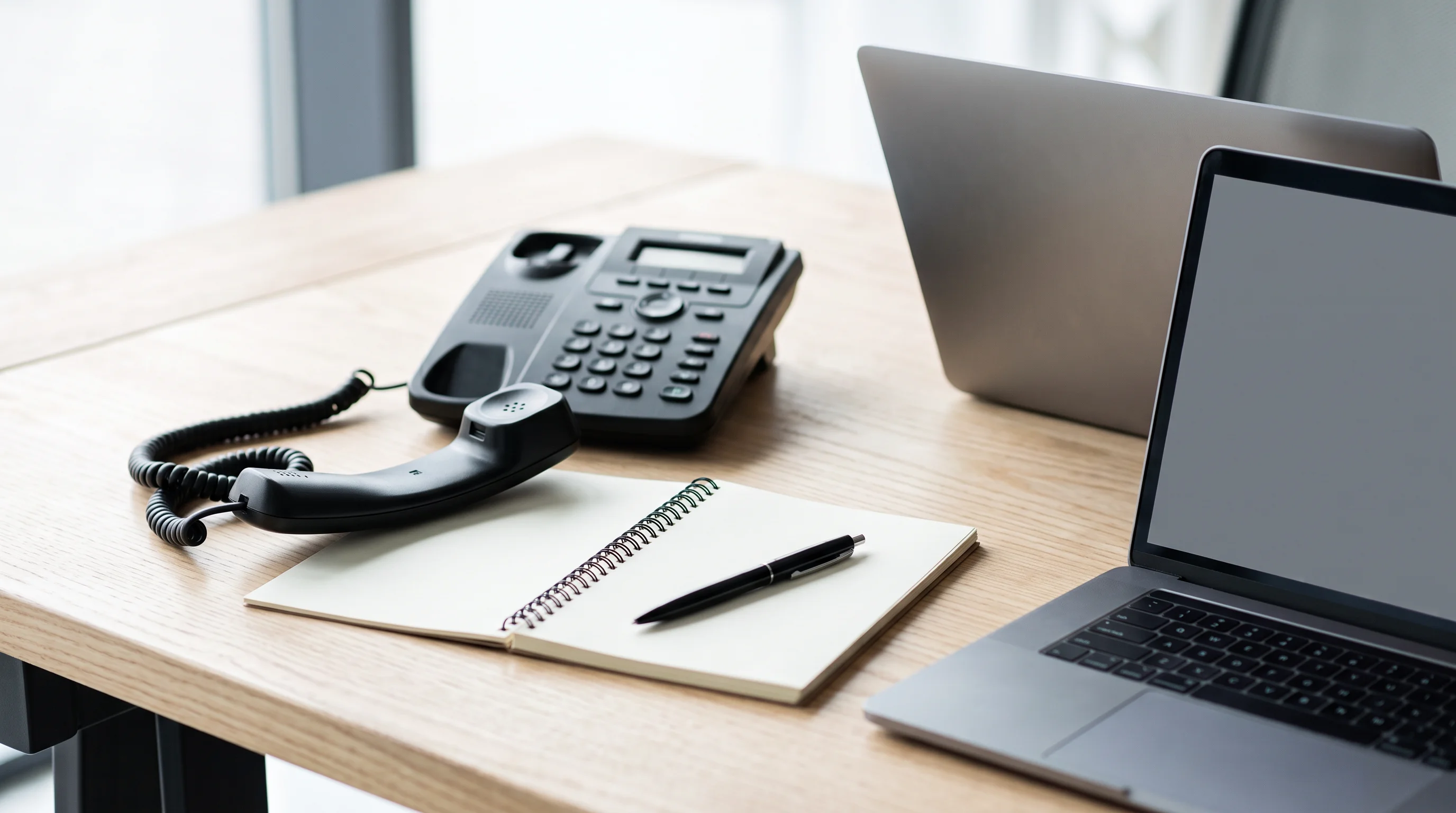 Desk scene showing a landline phone off its cradle beside an open blank notepad and a laptop, conveying verification by phone rather than document inspection.