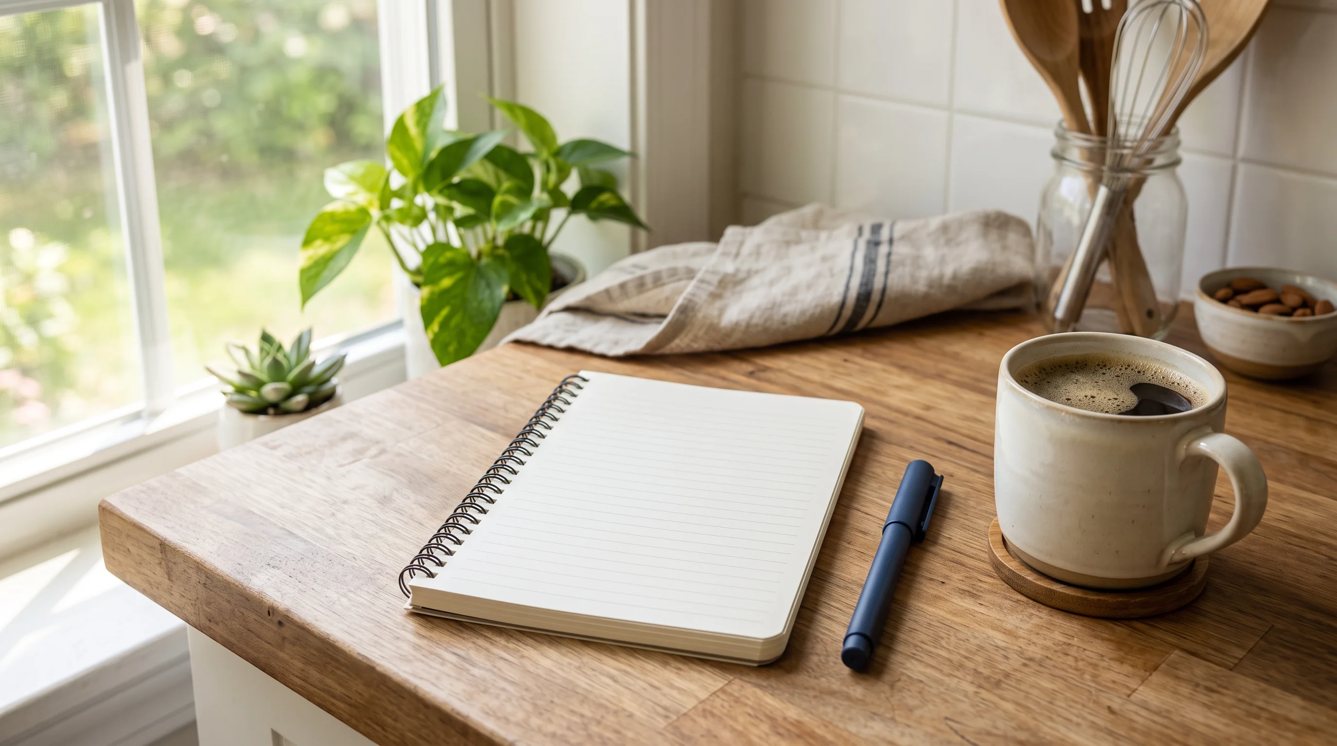 A kitchen counter corner in daylight with a blank white notepad, a pen, and a cup of coffee — the writing hour itself, calm and ready