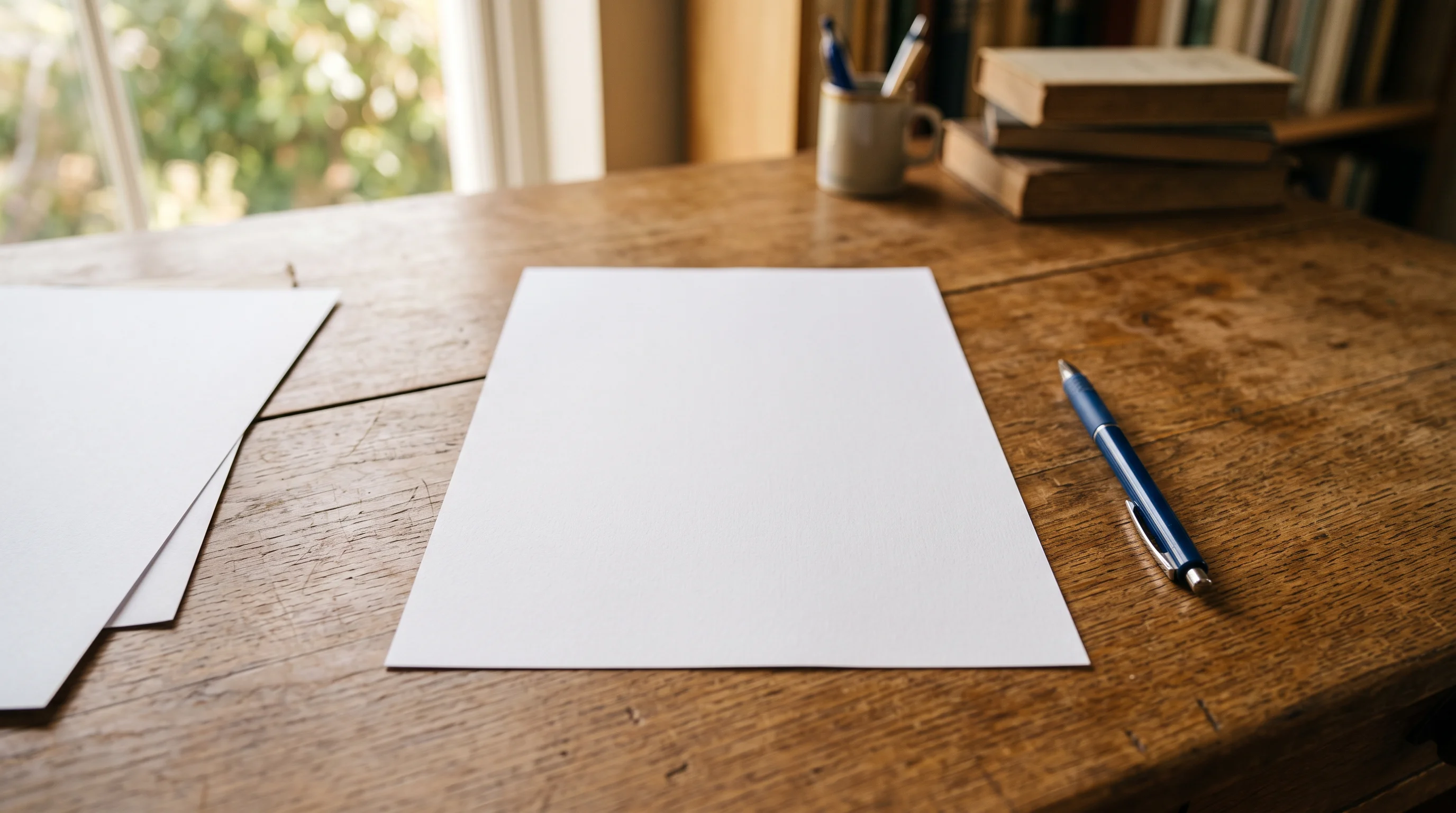 A fresh blank white sheet squared neatly on a warm desk with a pen beside it, an earlier sheet set aside at the frame's edge in soft afternoon light — the rewrite, about to happen