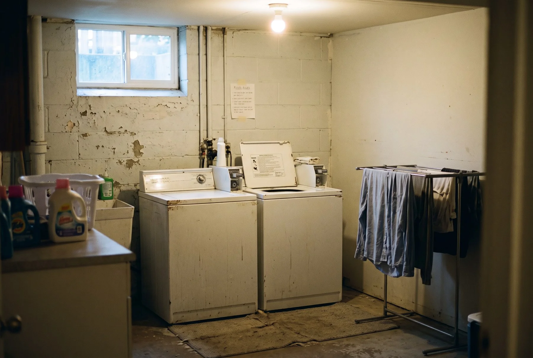 A shared basement laundry room in a rental building with house rules taped to the wall
