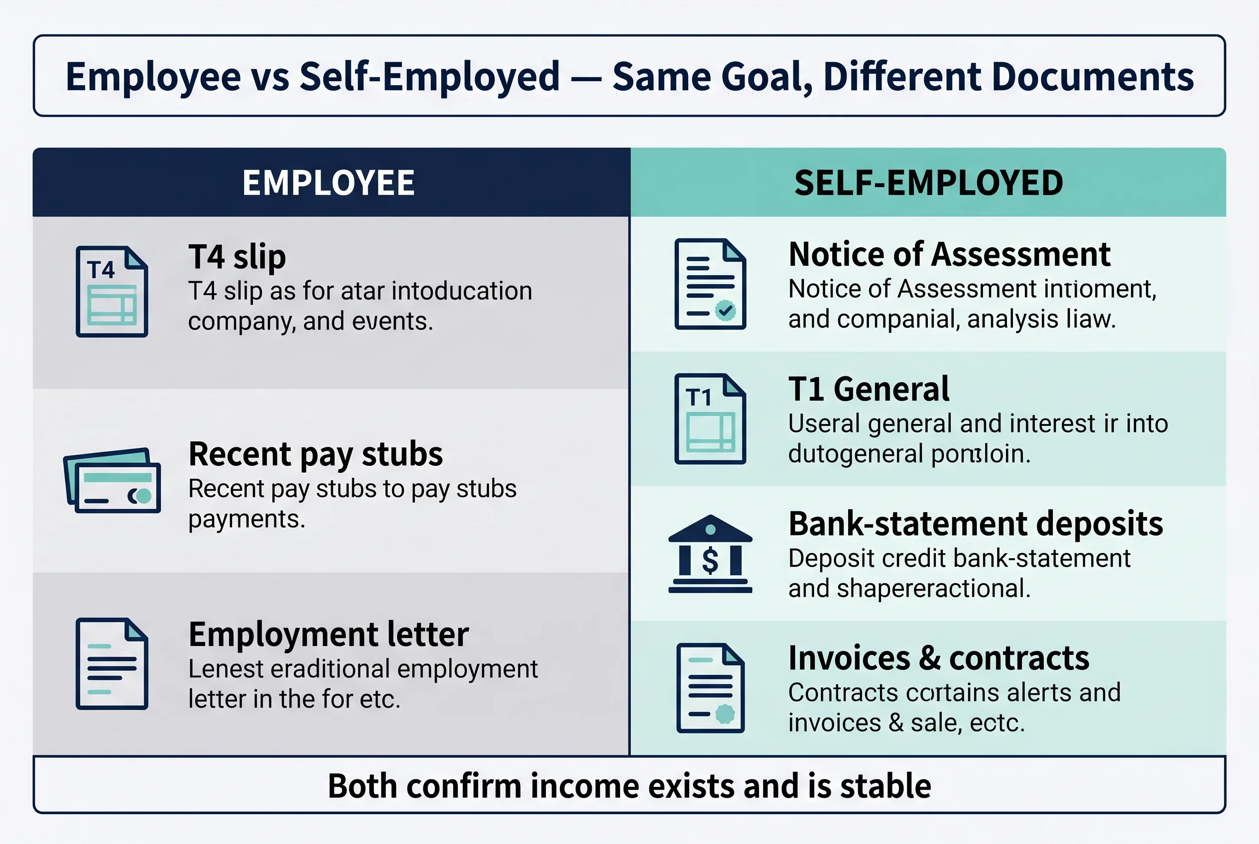 Employee vs Self-Employed — same goal, different documents. Employee: T4, recent pay stubs, employment letter. Self-employed: Notice of Assessment, T1 General, bank-statement deposits, invoices and contracts. Both confirm income exists and is stable.