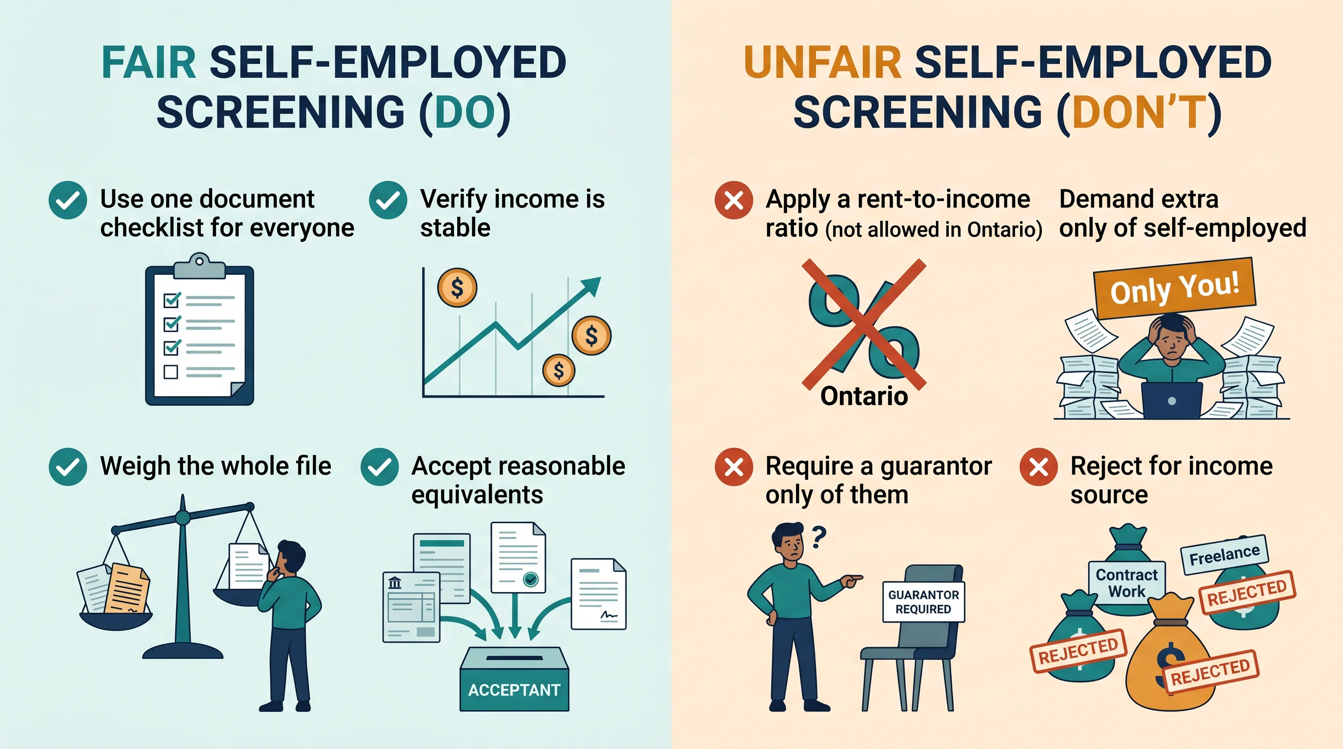 Fair vs unfair self-employed screening. Do: one document checklist for everyone, verify stability, weigh the whole file, accept equivalents. Don't: apply a rent-to-income ratio (not allowed in Ontario), demand extra documents only of the self-employed, require a guarantor only of them, reject for income source.