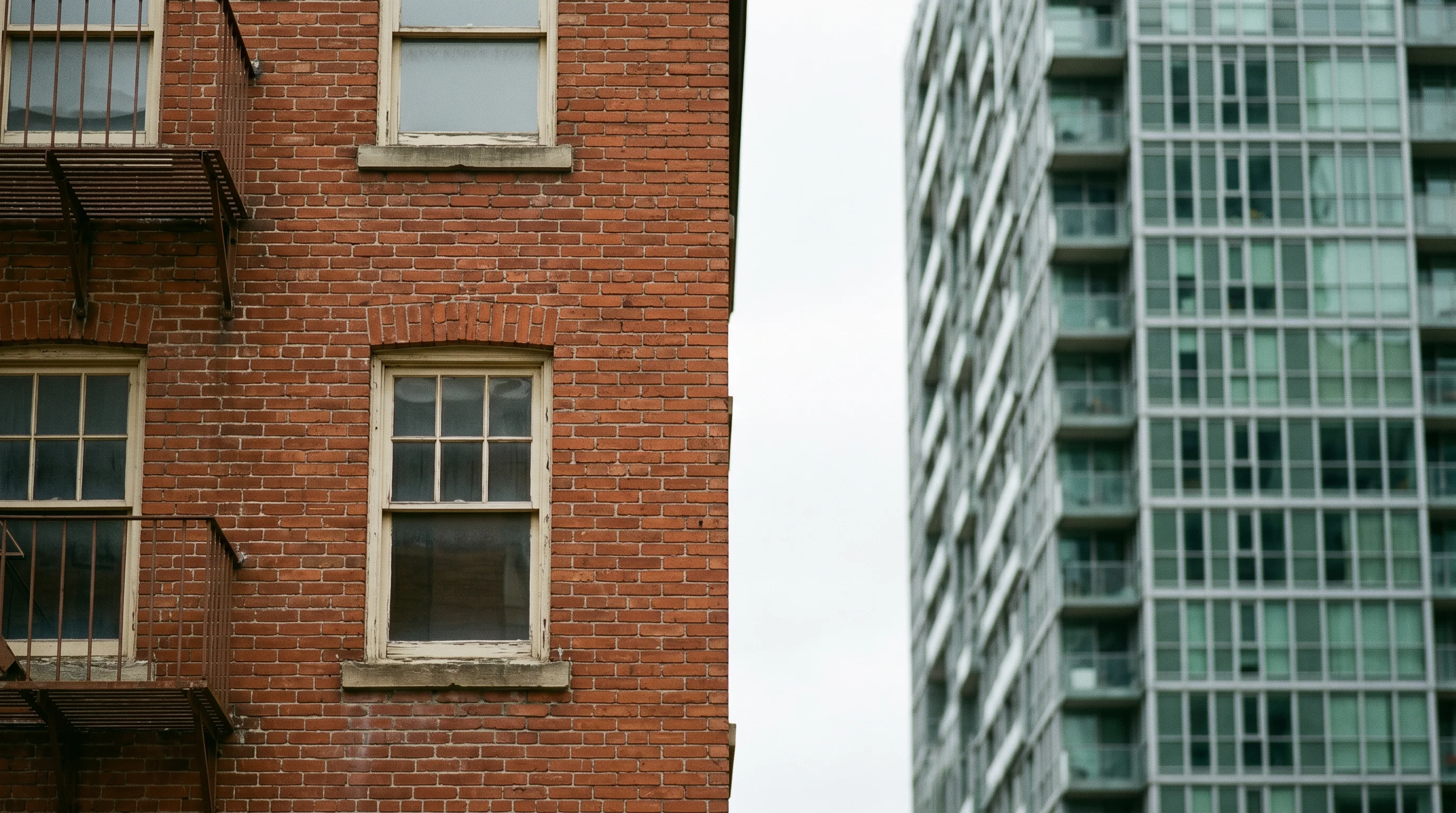 Close detail of an older Toronto building's red brick beside the glass curtain wall of a newer tower — two eras of the same city side by side