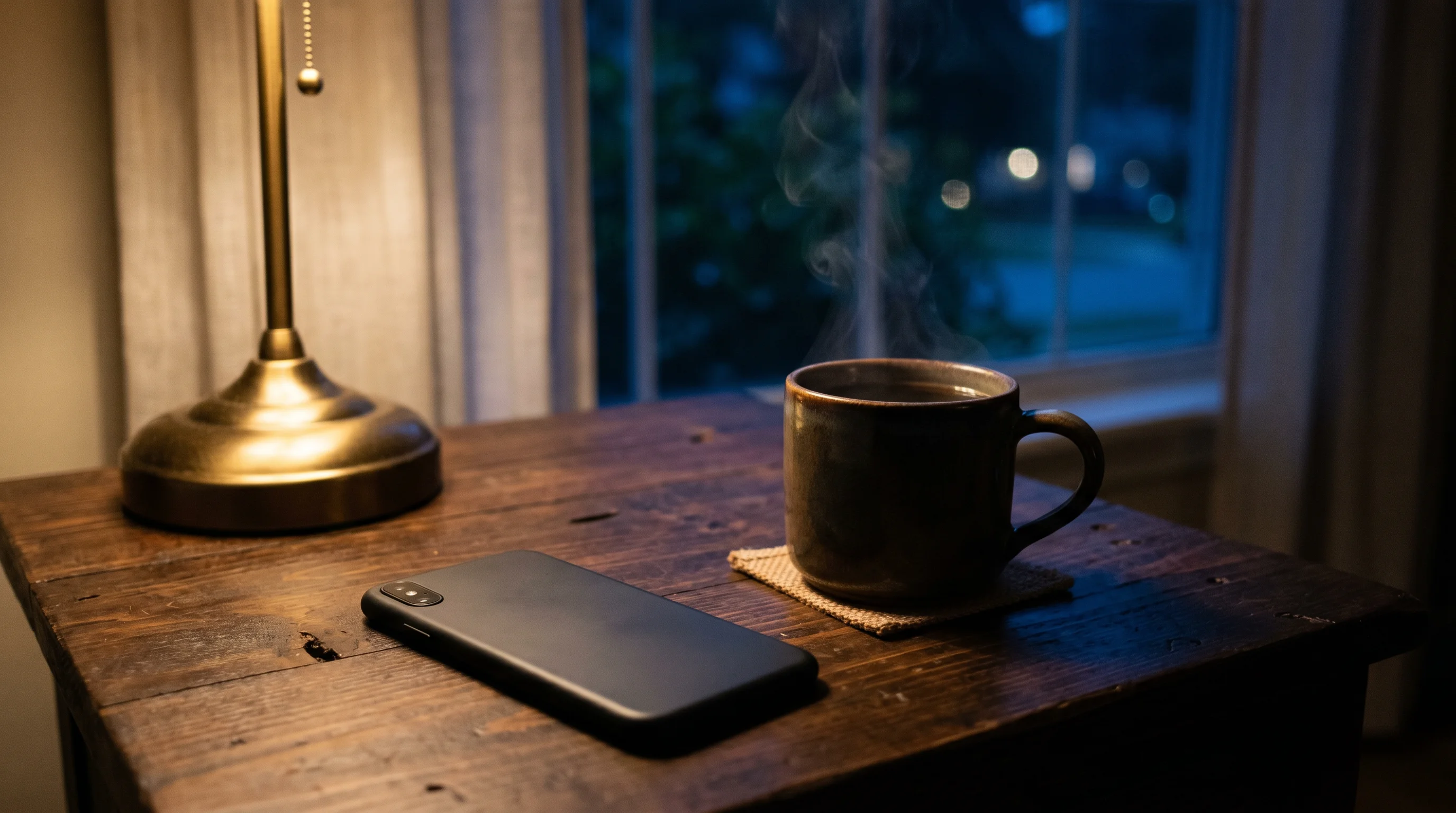 The 11 pm moment: a phone face-down beside a steaming mug — the question answered, the evening returned