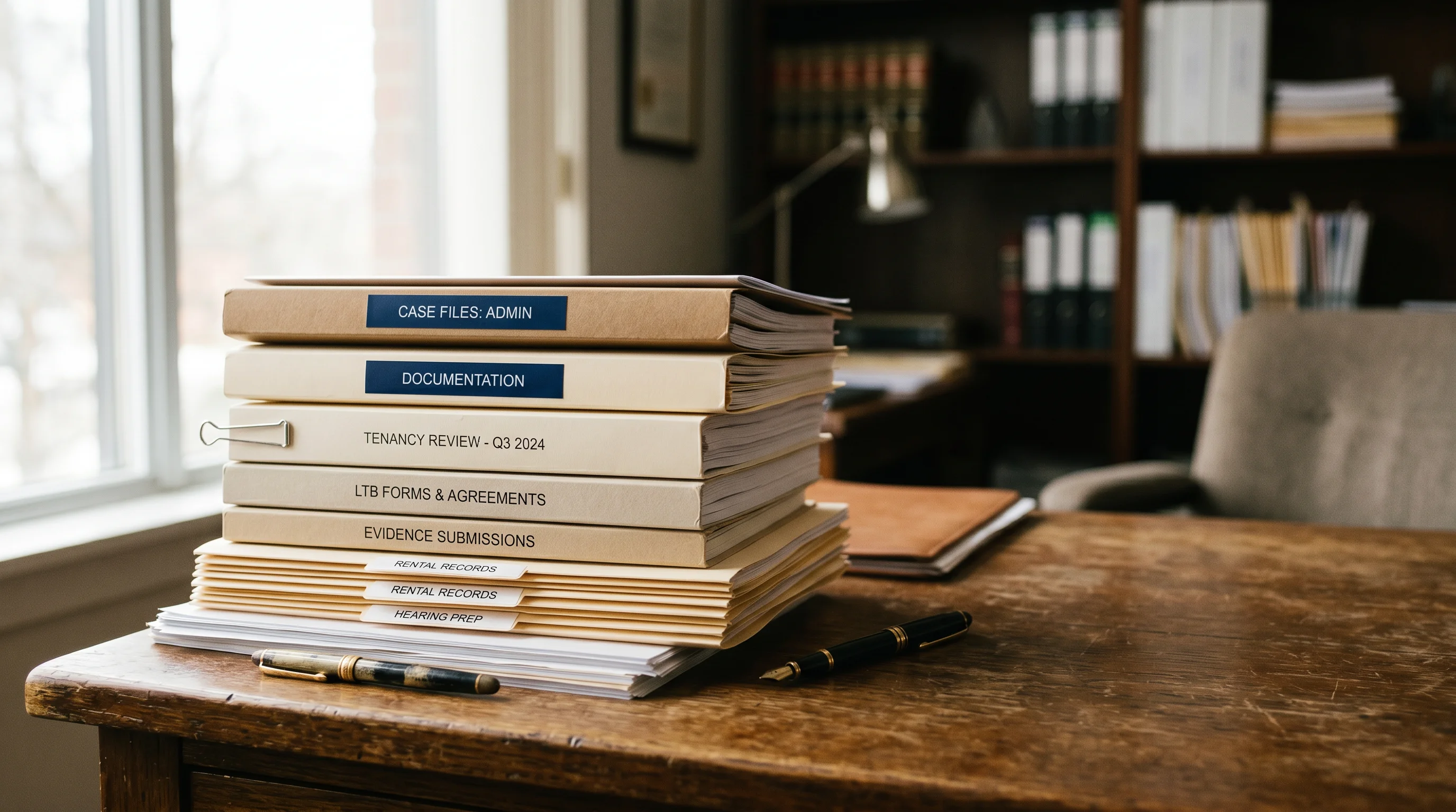 Wide editorial photograph of a stack of LTB legal documents and folders organized on a wooden desk with a fountain pen, conveying preparation and documentation for an LTB filing