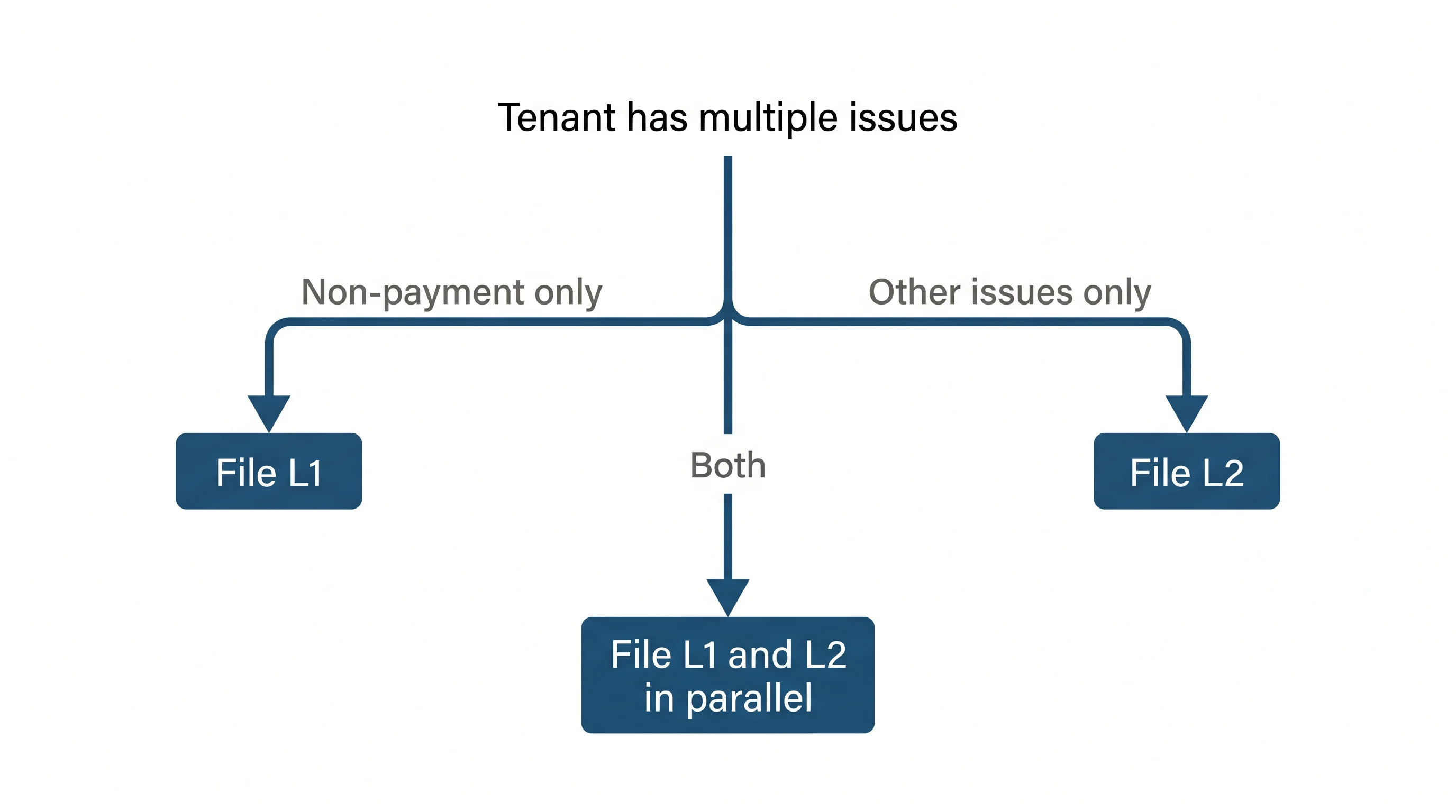Editorial illustration showing the combo-case decision tree branching from Tenant has multiple issues into File L1 (non-payment only), File L2 (other issues only), or File L1 and L2 in parallel (both)