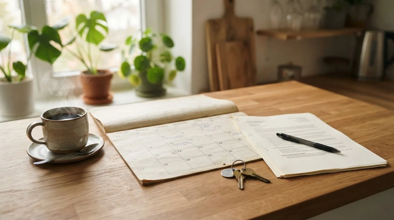 A kitchen-counter renewal moment in morning light — a calendar open to the month's end, apartment keys, and an unsigned document with a pen: the decision pending