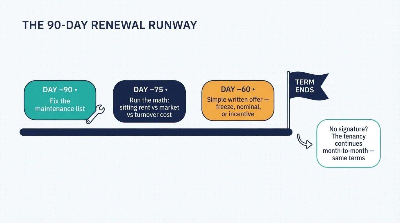 The 90-day renewal runway: fix the maintenance list at day minus 90, run the sitting-rent versus market versus turnover math at day minus 75, send a simple written offer at day minus 60 — and if nothing is signed, the tenancy continues month-to-month on the same terms