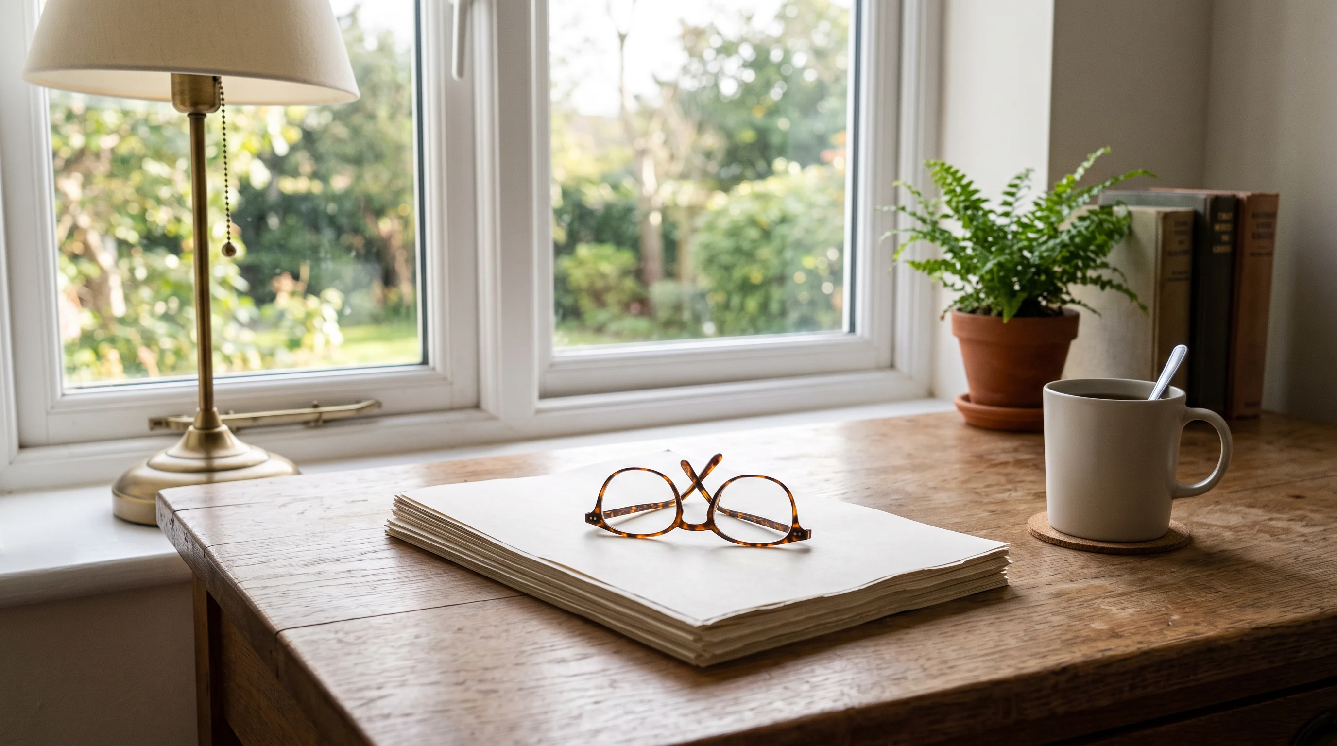 A tidy reading desk by a bright window — a short stack of printed documents lying face-down with reading glasses resting on top in soft morning light