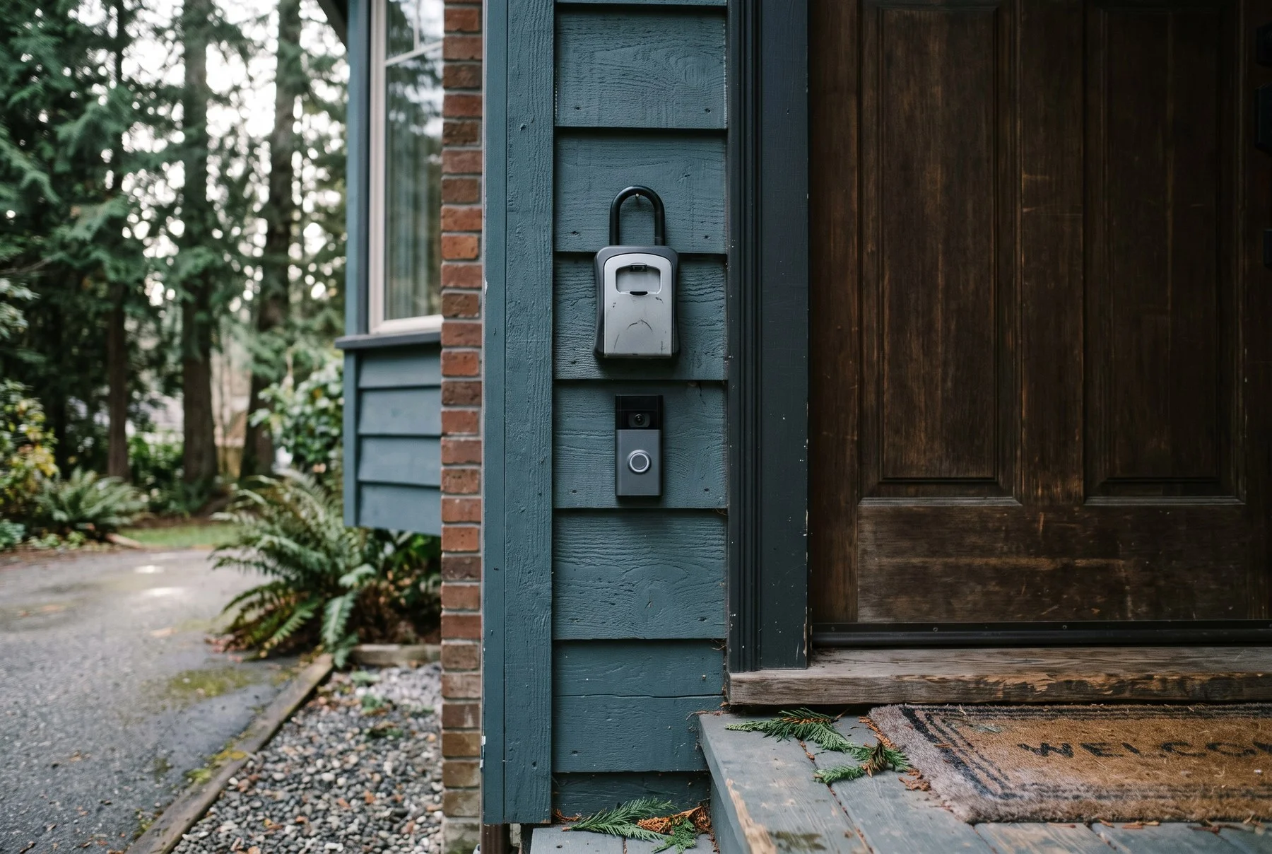A key lockbox and doorbell beside the front door of a BC rental house